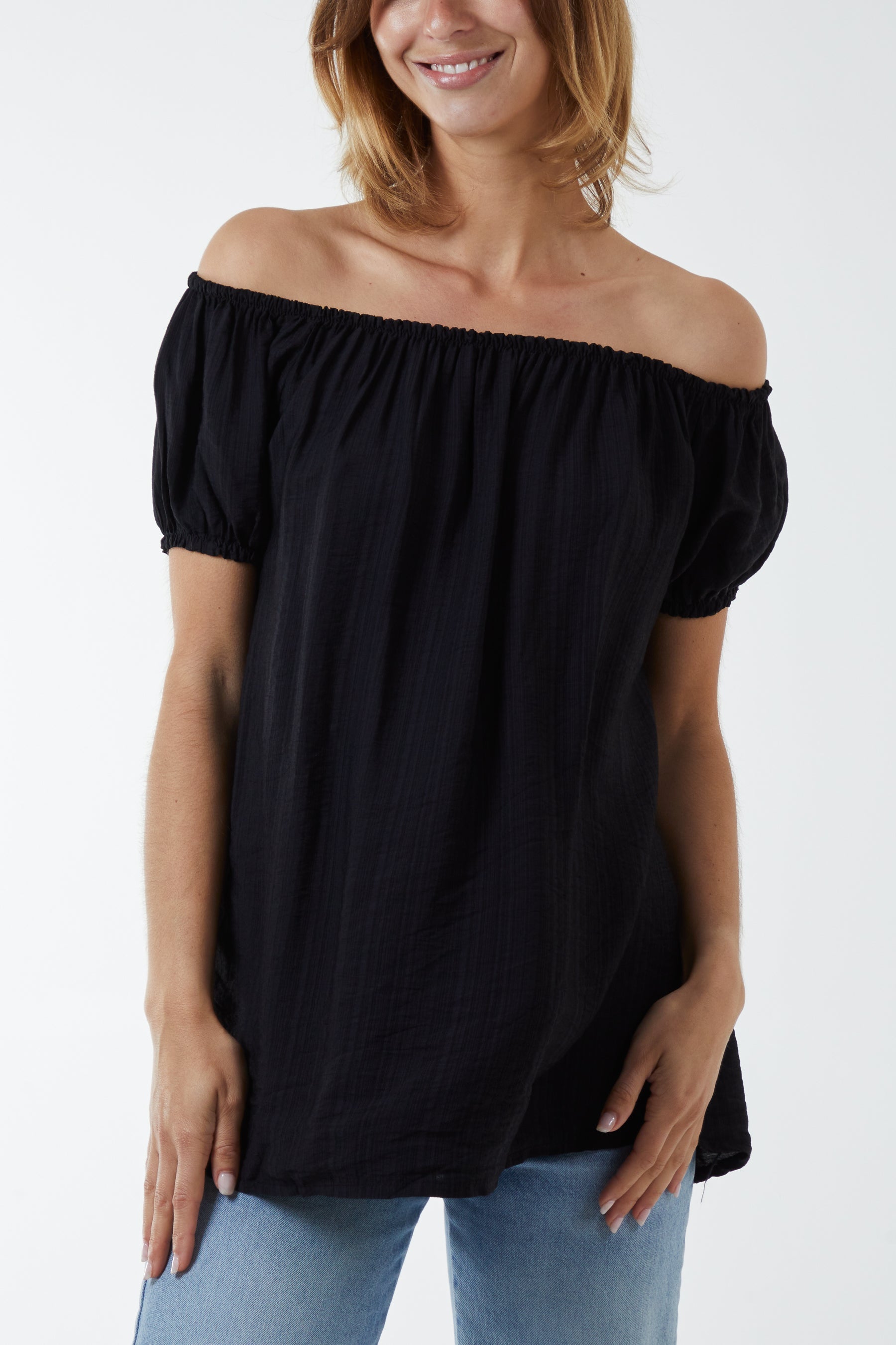 Short Sleeve Bardot Top Tops WearAll Black One Size