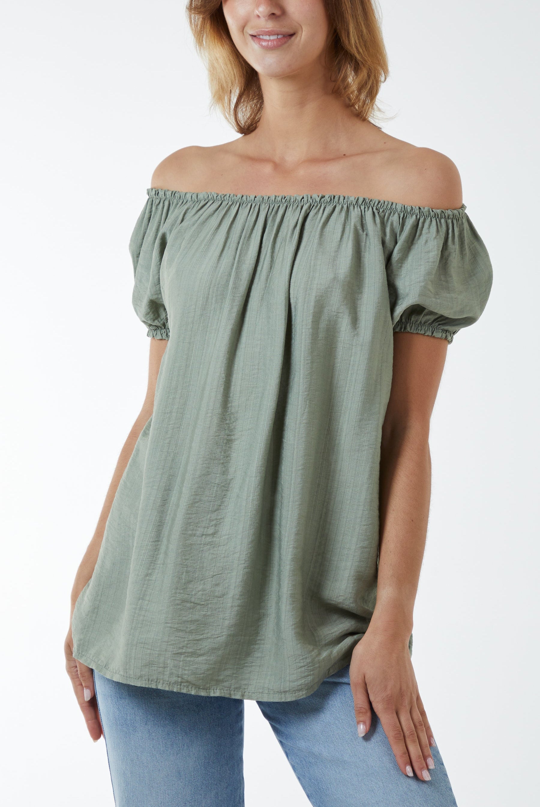 Short Sleeve Bardot Top Tops WearAll Light Khaki One Size