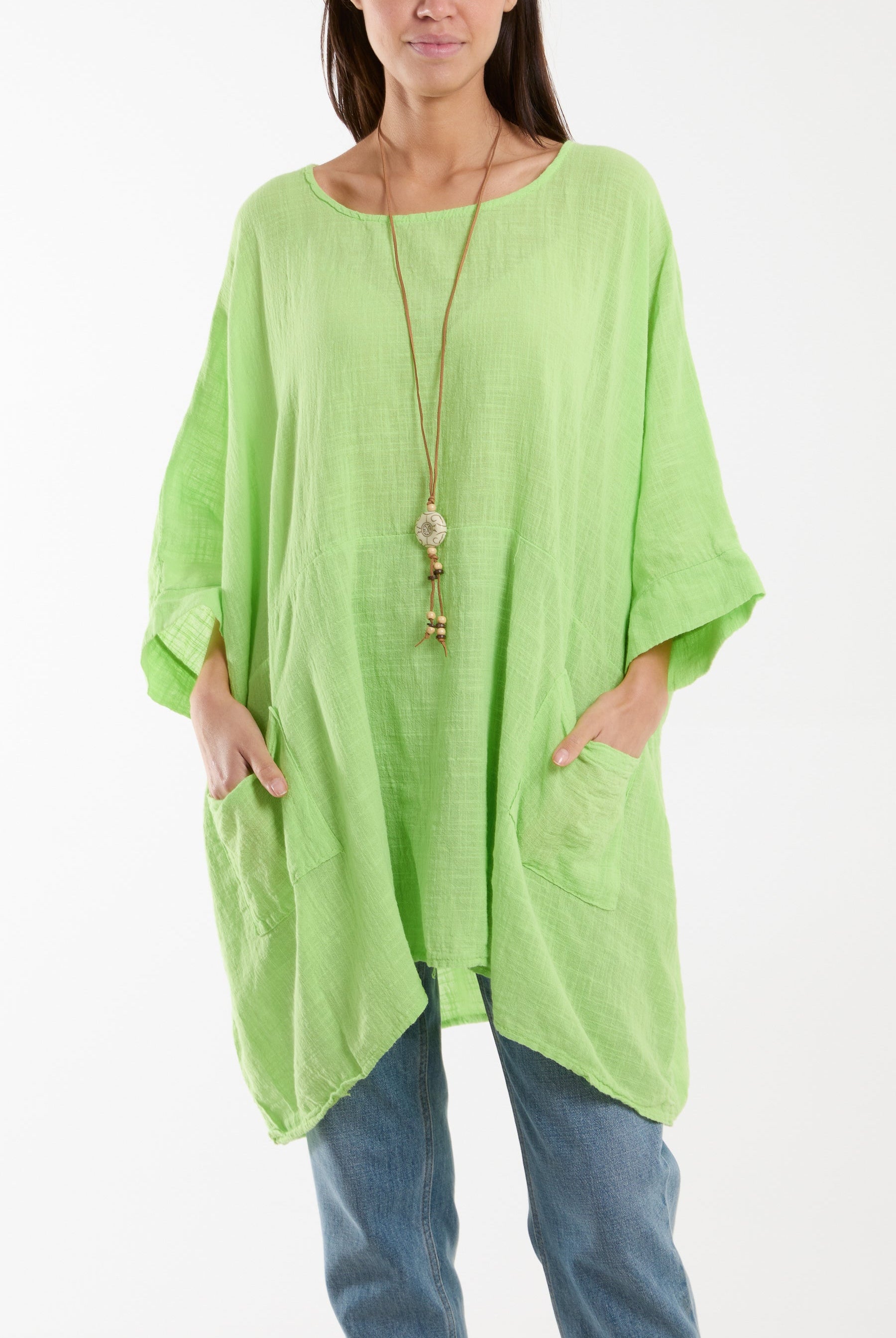 Cotton Mix Necklace Pockets Top Tops WearAll Lime One Size