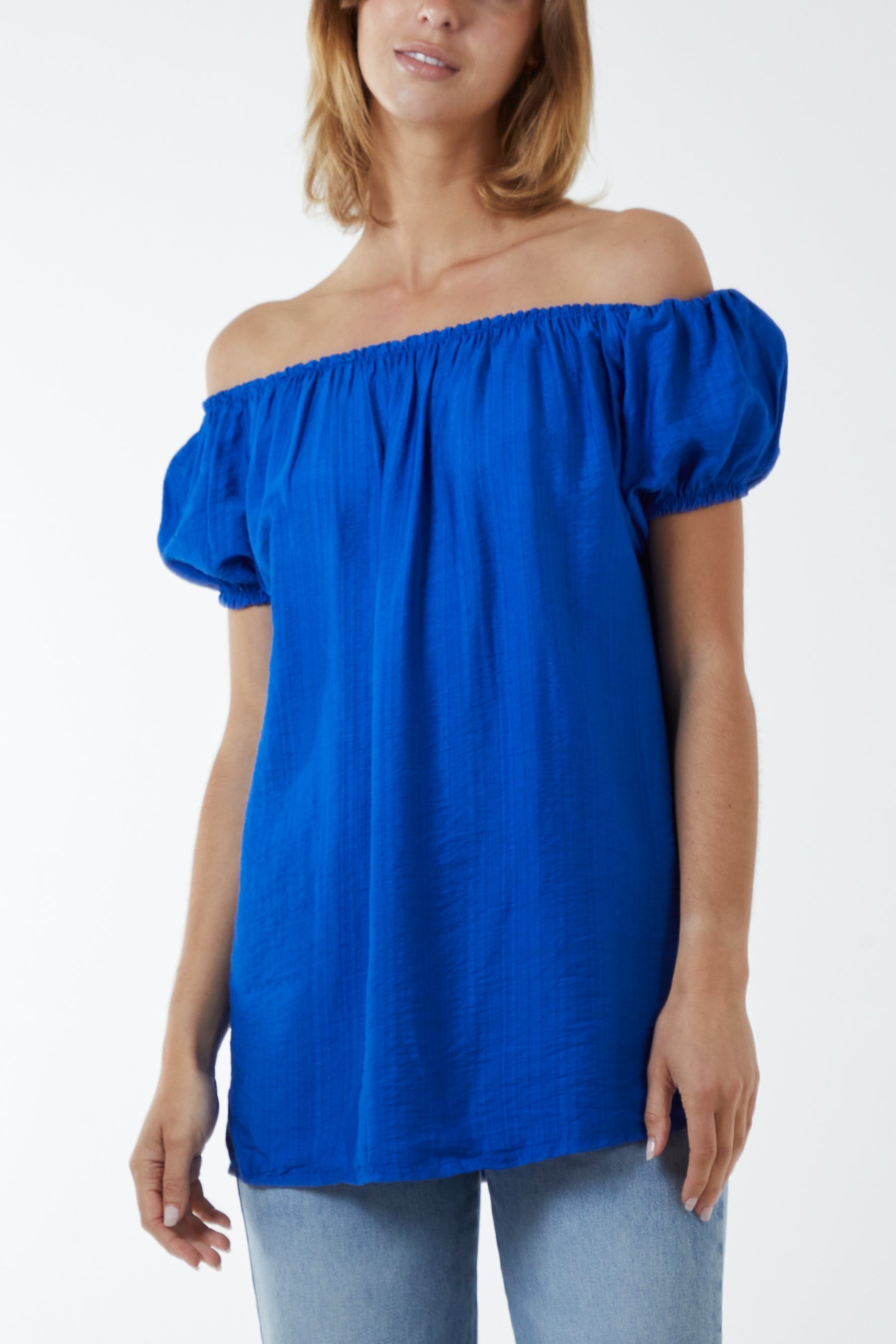 Short Sleeve Bardot Top Tops WearAll Royal Blue One Size