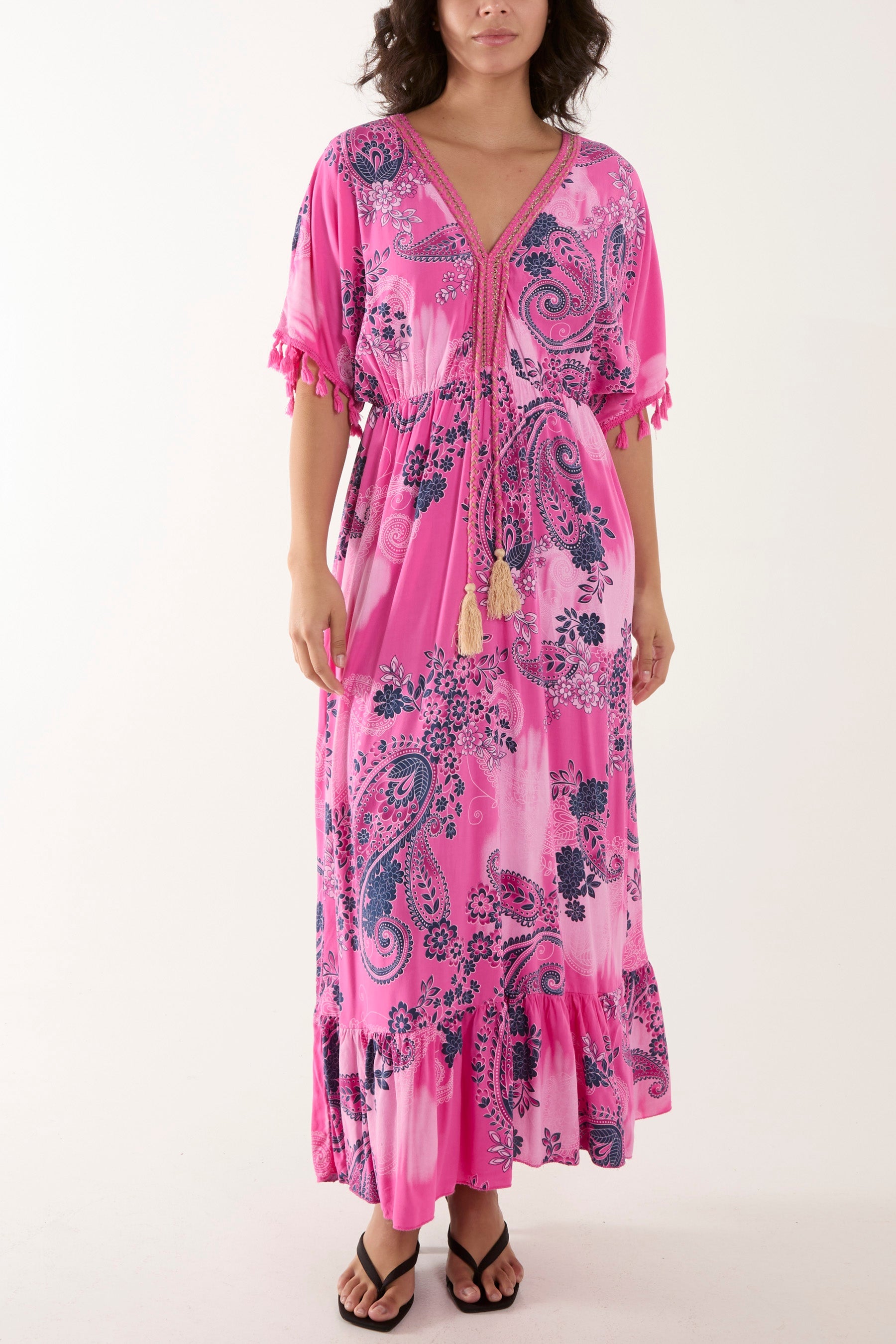Tassel Paisley Print Maxi Dress Dresses WearAll Bubblegum Pink One Size