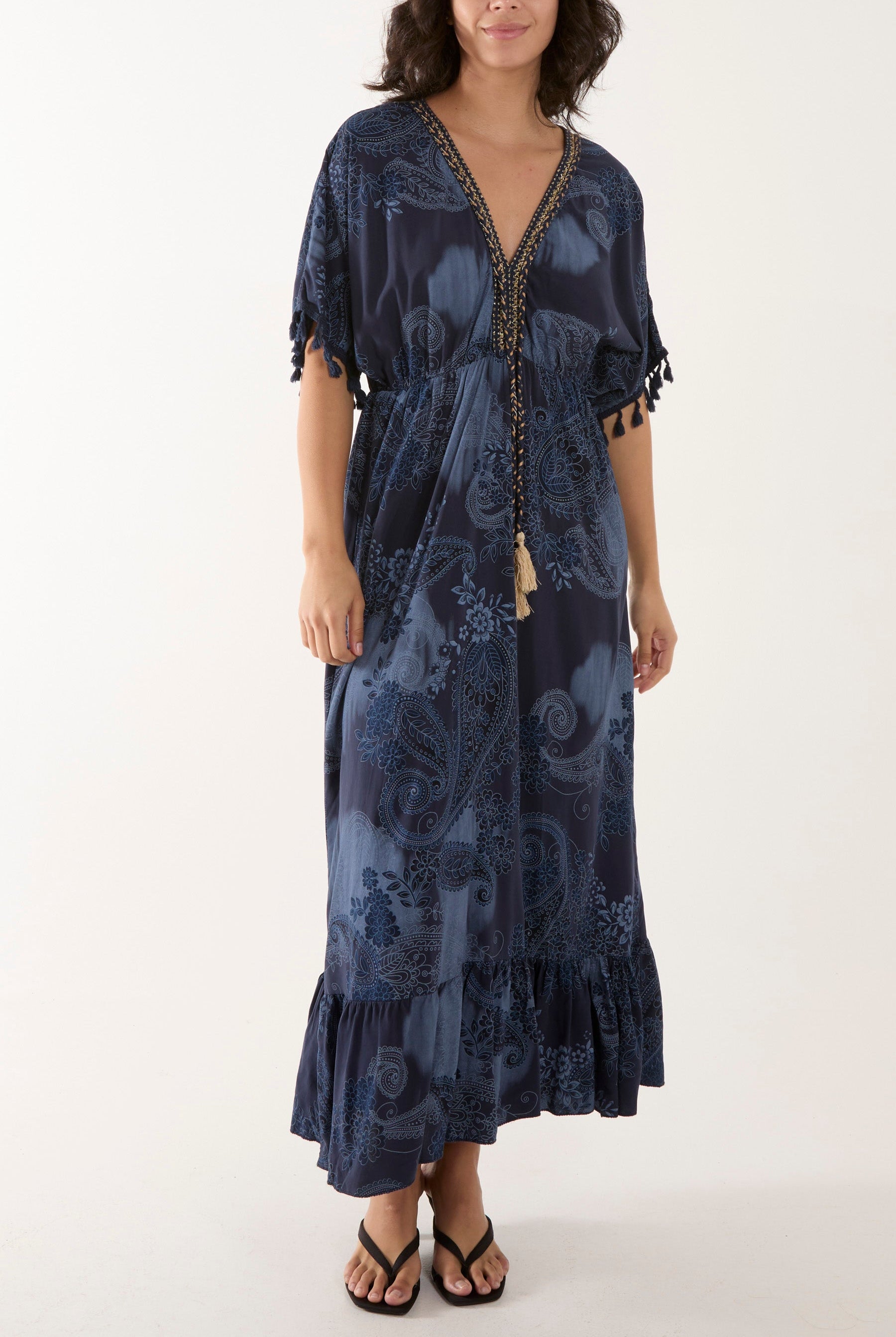 Tassel Paisley Print Maxi Dress Dresses WearAll Navy One Size