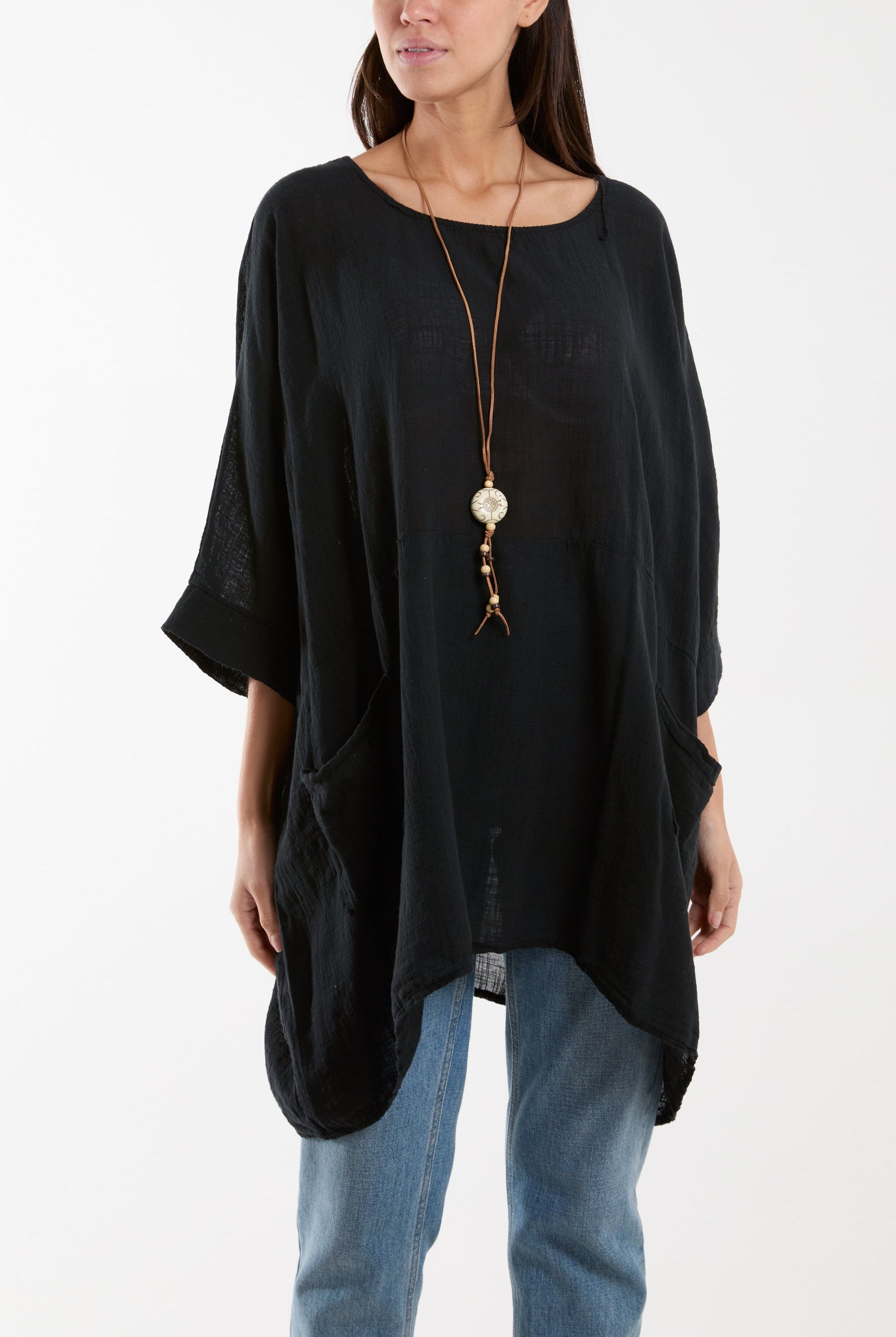 Cotton Mix Necklace Pockets Top Tops WearAll Black One Size