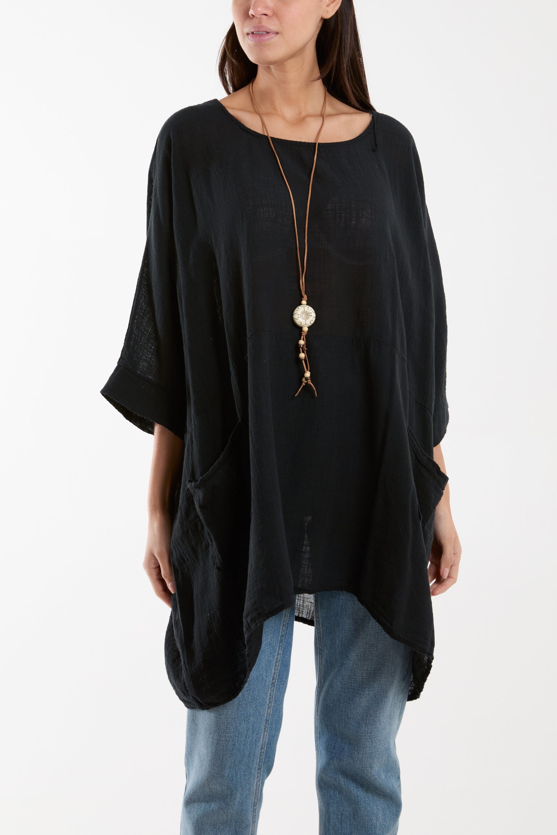 Cotton Mix Necklace Pockets Top Tops WearAll Black One Size