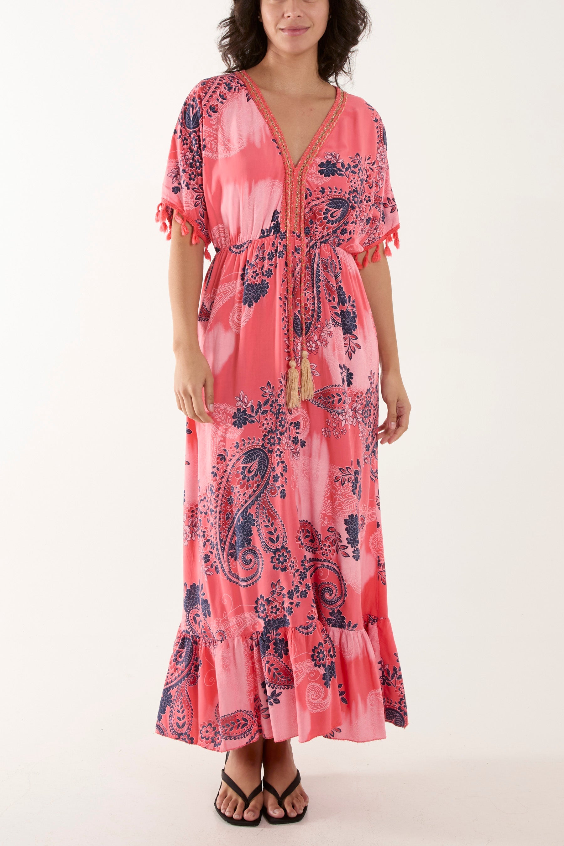 Tassel Paisley Print Maxi Dress Dresses WearAll Coral One Size