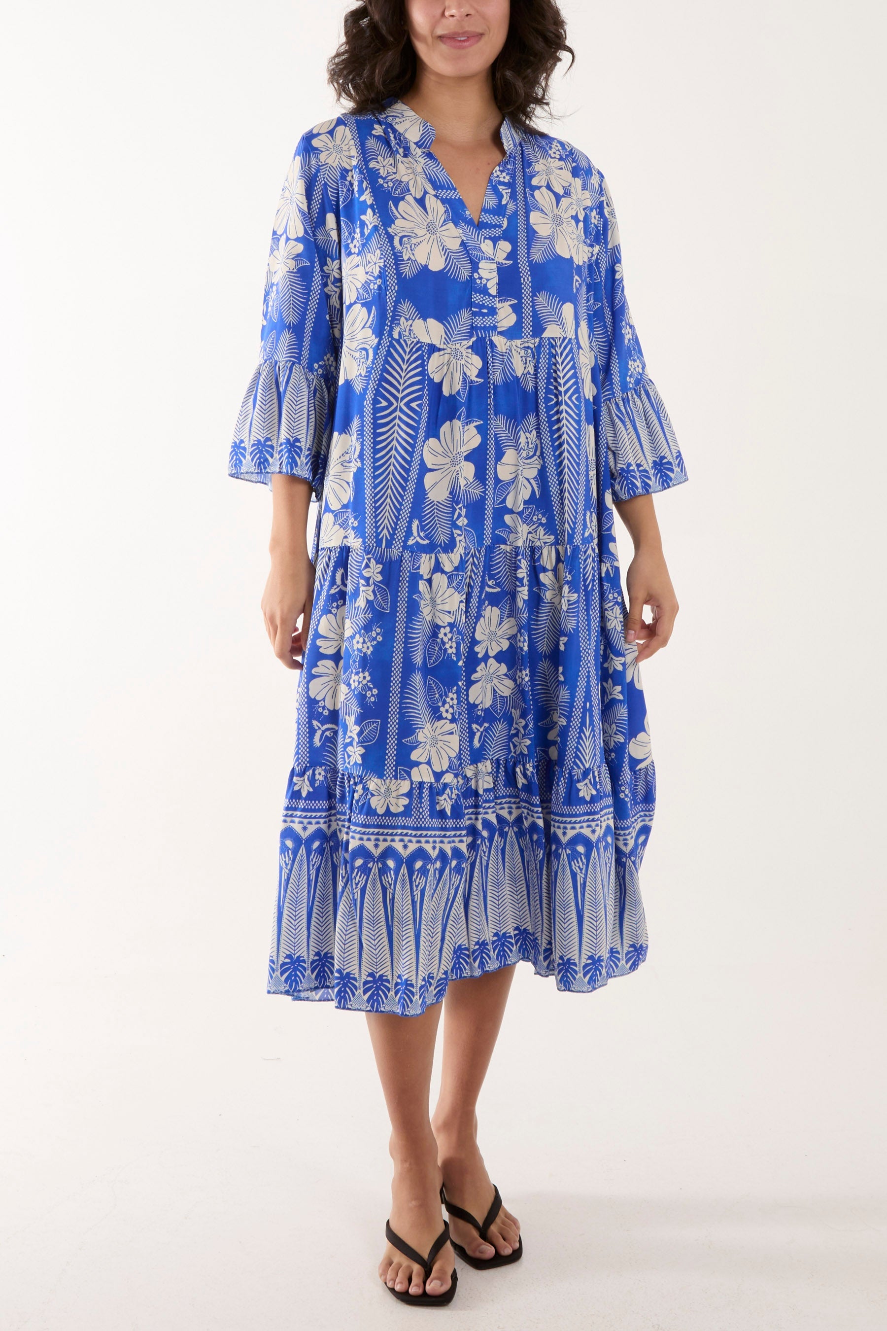 Floral Print Grandad Collar Midi Dress Dresses WearAll Royal Blue One Size