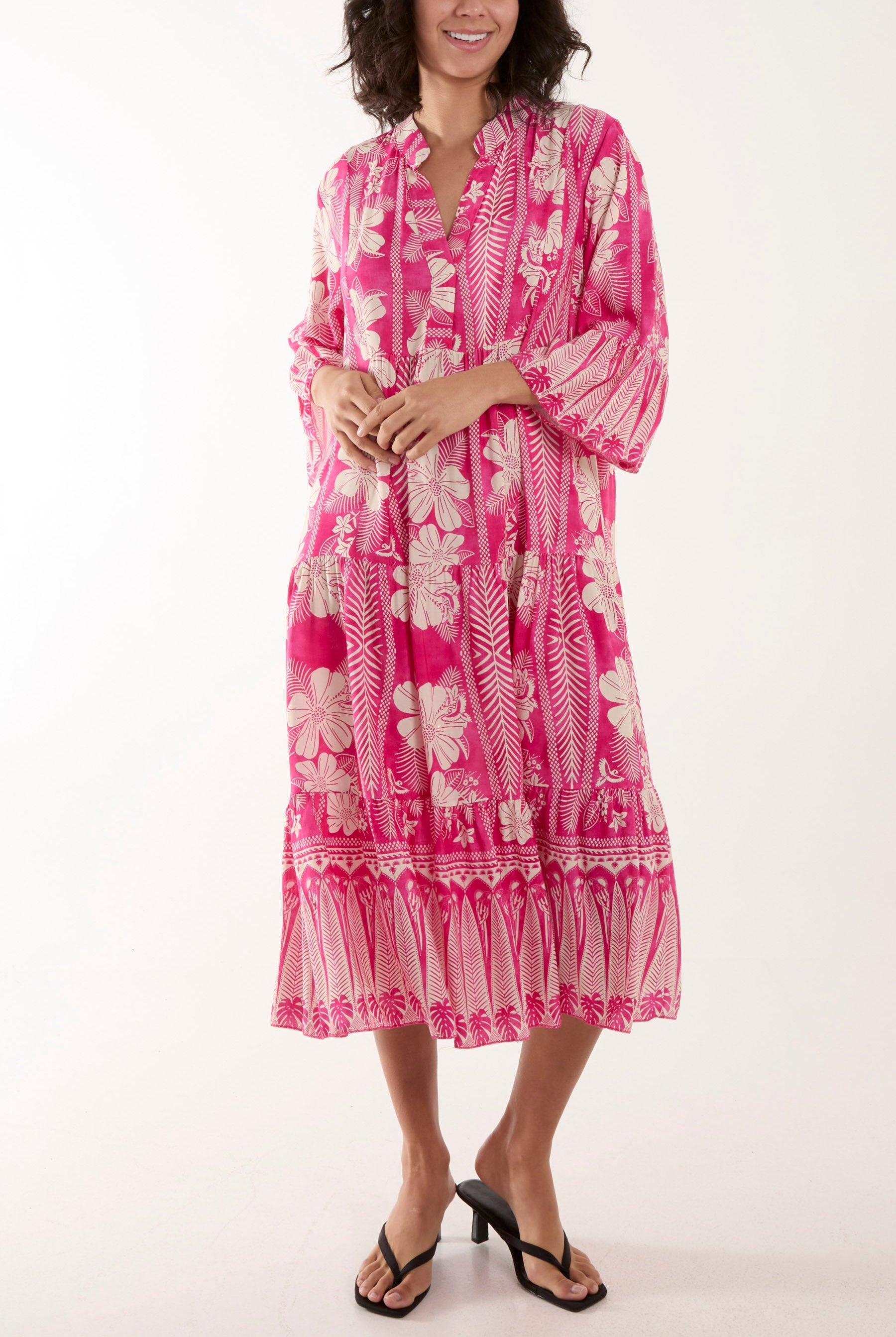 Floral Print Grandad Collar Midi Dress Dresses WearAll Hot Pink One Size