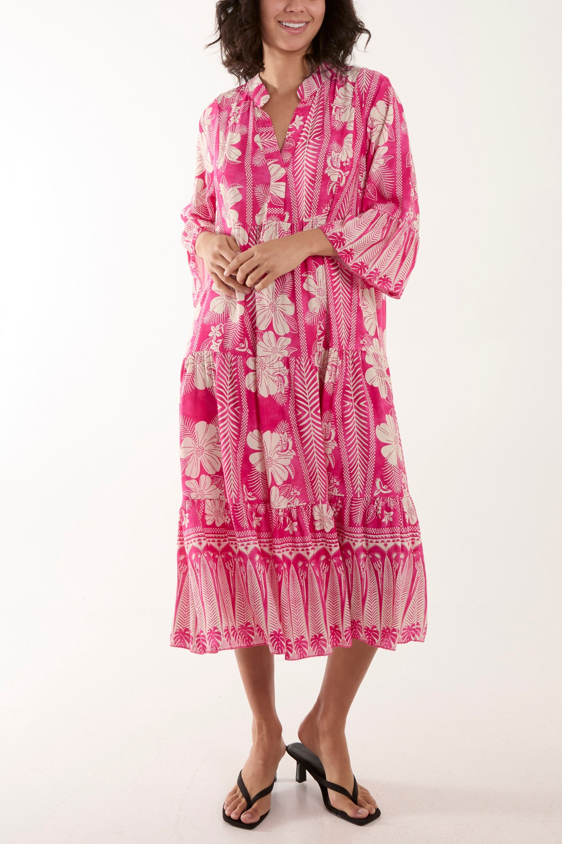 Floral Print Grandad Collar Midi Dress Dresses WearAll Hot Pink One Size