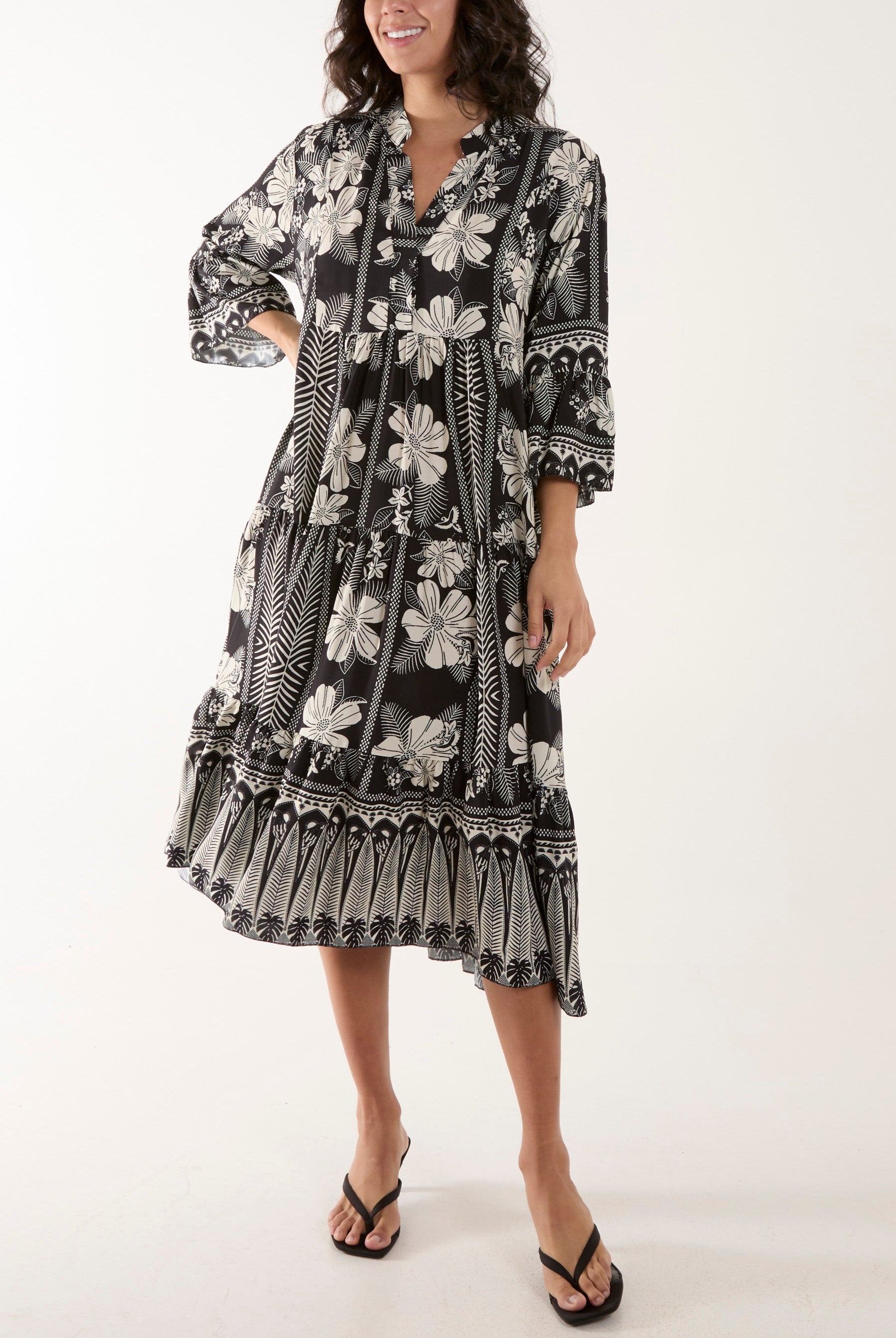 Floral Print Grandad Collar Midi Dress Dresses WearAll Black One Size
