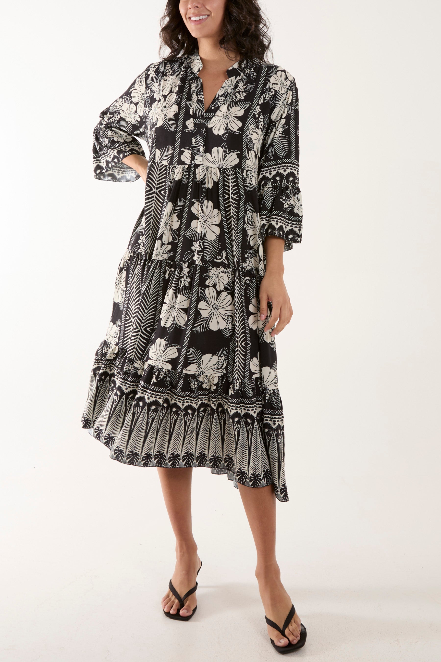 Floral Print Grandad Collar Midi Dress Dresses WearAll Black One Size