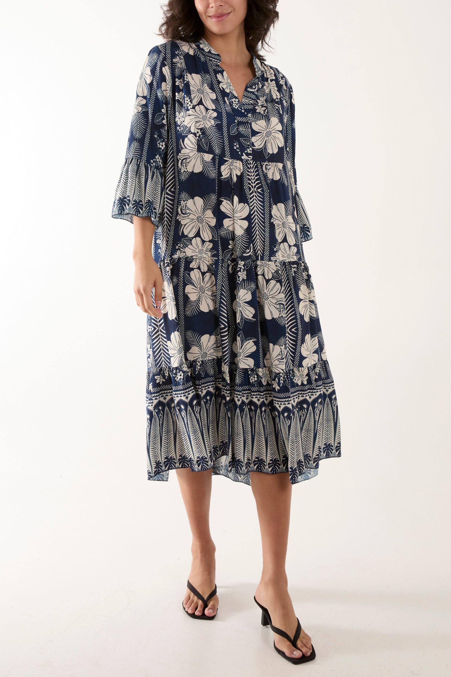 Floral Print Grandad Collar Midi Dress Dresses WearAll Navy One Size