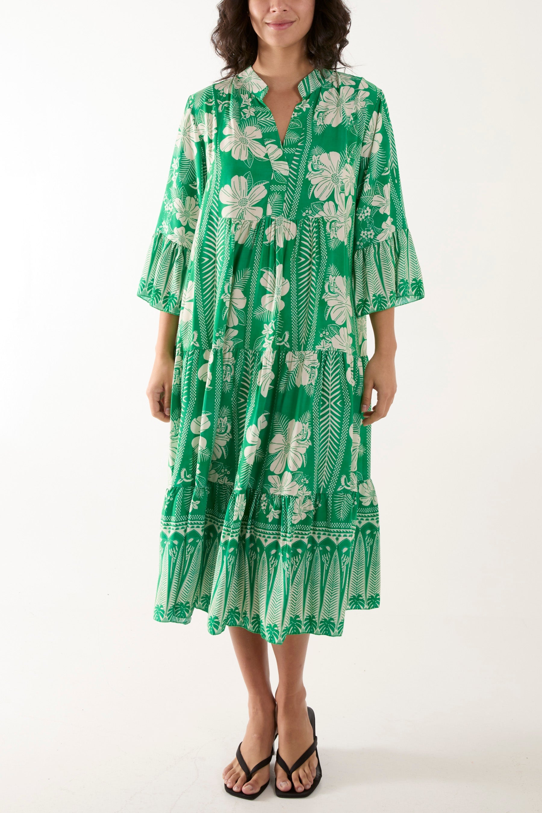Floral Print Grandad Collar Midi Dress Dresses WearAll Jade One Size