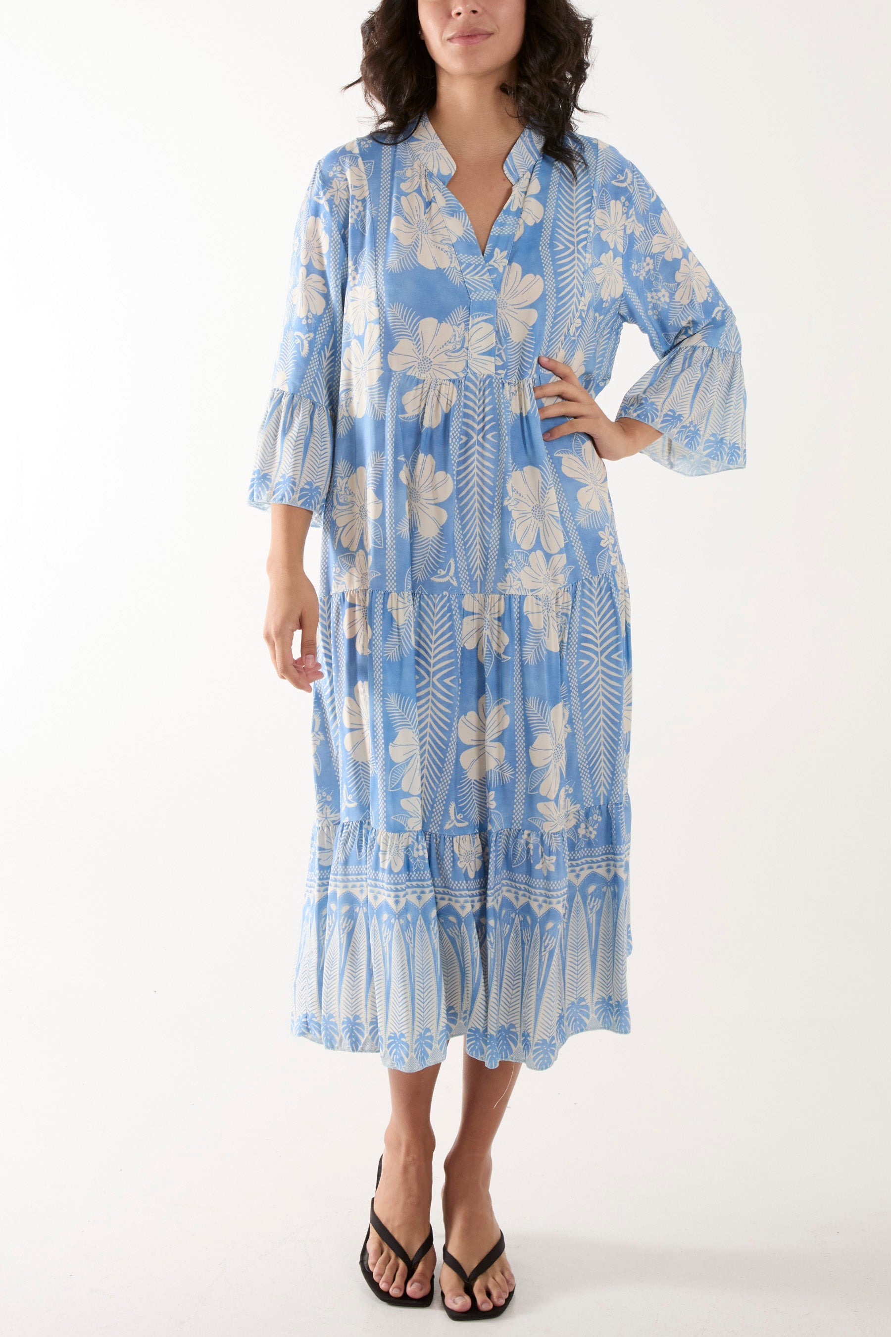 Floral Print Grandad Collar Midi Dress Dresses WearAll Light Blue One Size