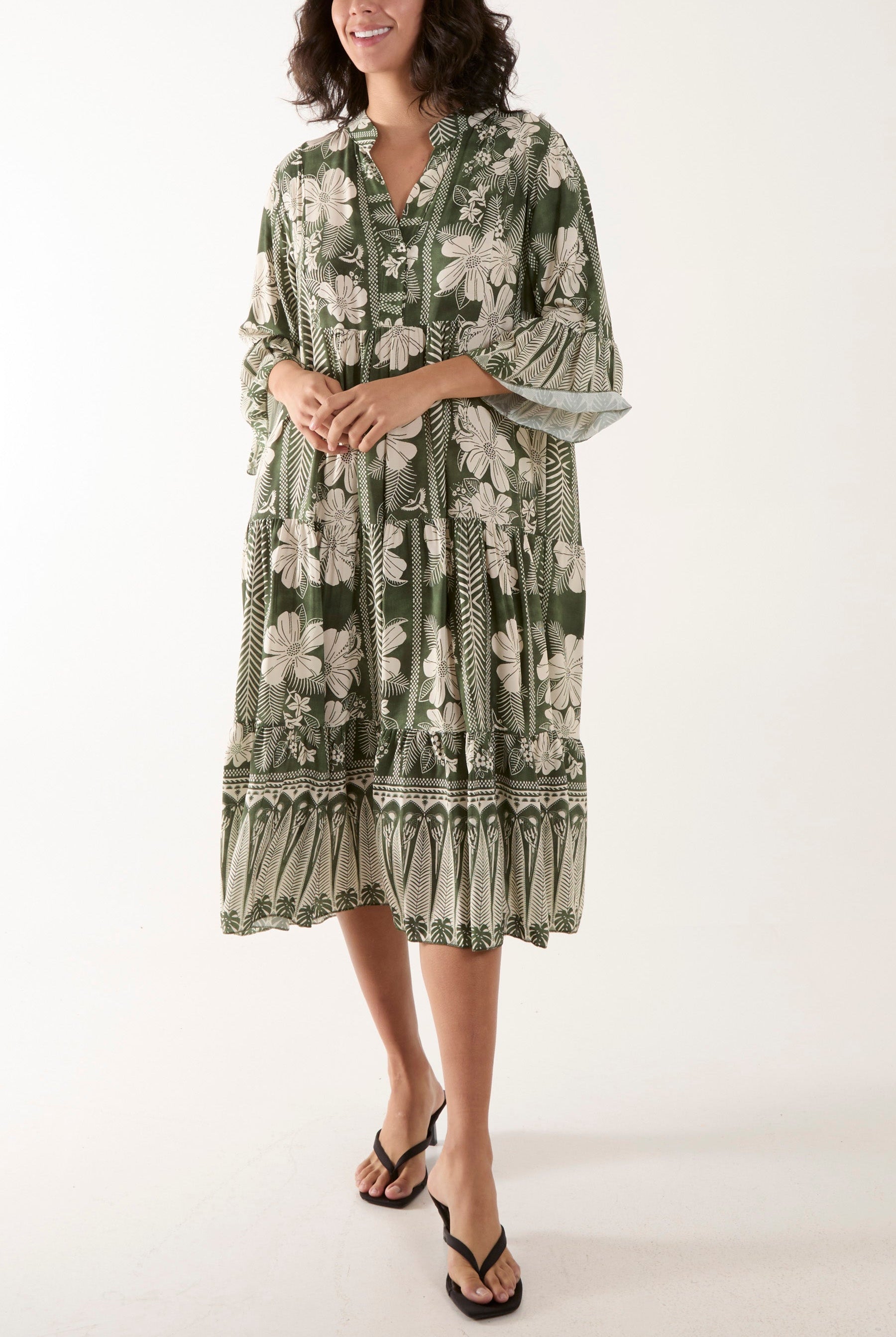 Floral Print Grandad Collar Midi Dress Dresses WearAll Khaki One Size