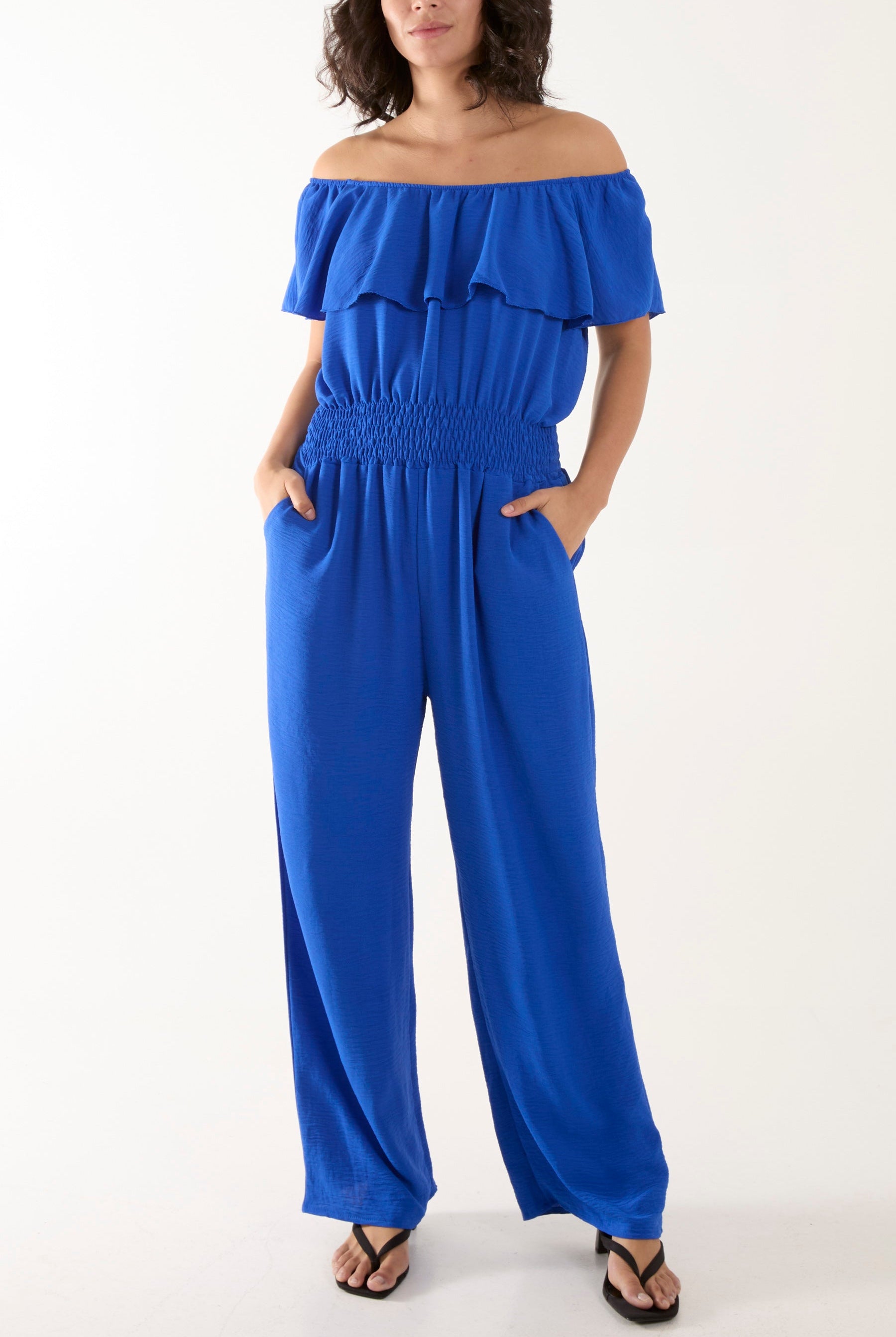 Frilled Bardot Shirred Waist Jumpsuit Jumpsuits WearAll Royal Blue One Size