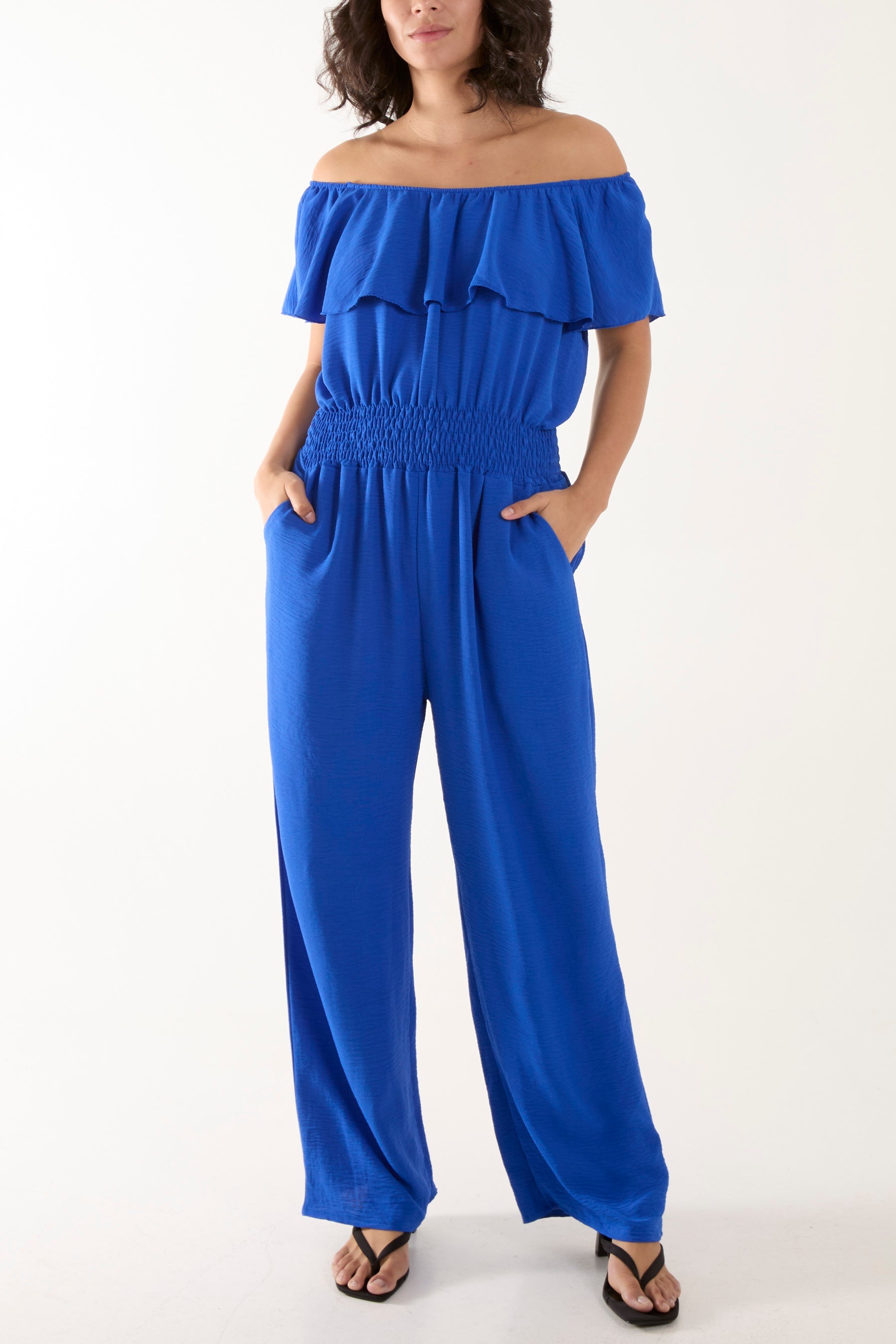 Frilled Bardot Shirred Waist Jumpsuit Jumpsuits WearAll Royal Blue One Size