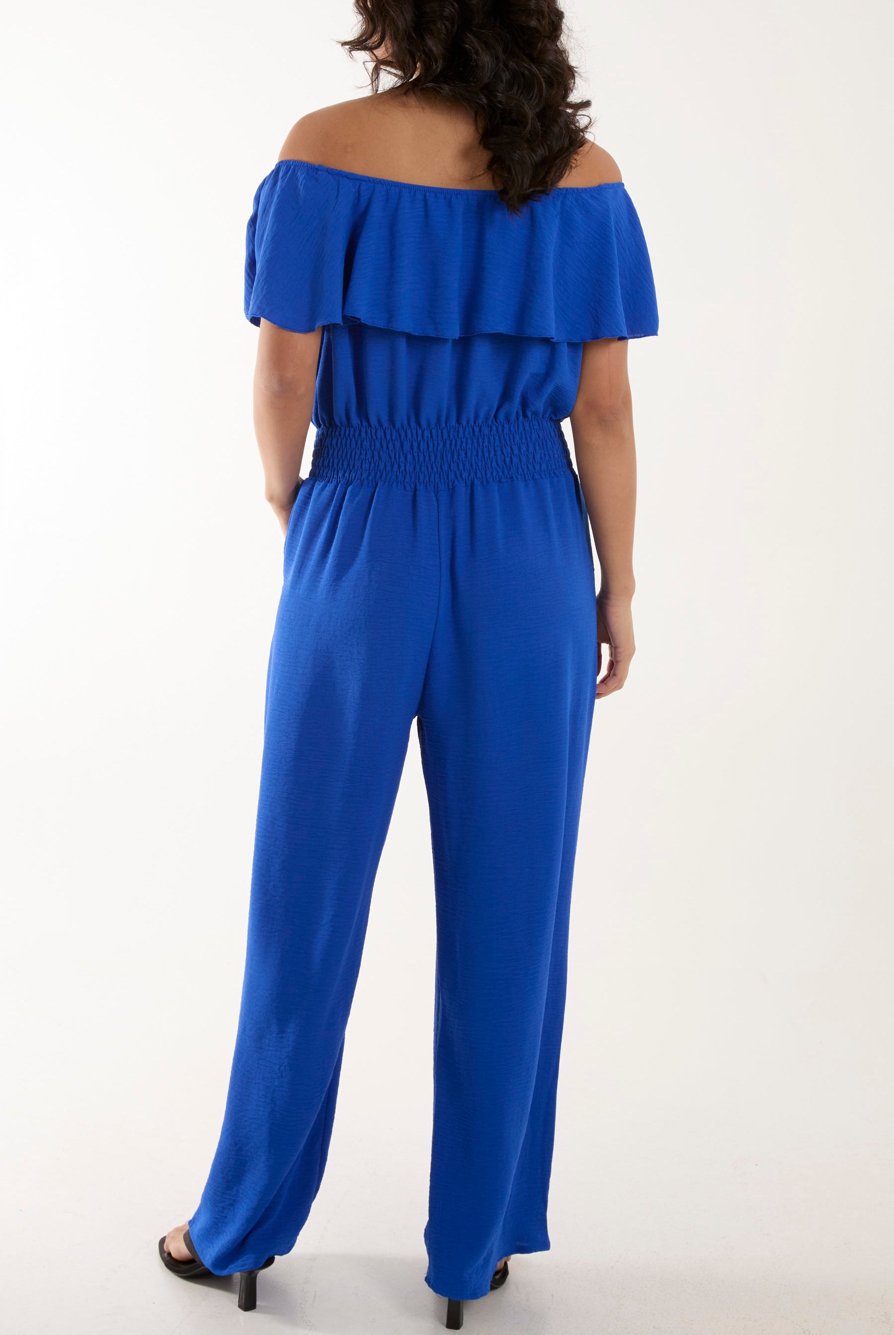 Frilled Bardot Shirred Waist Jumpsuit Jumpsuits WearAll