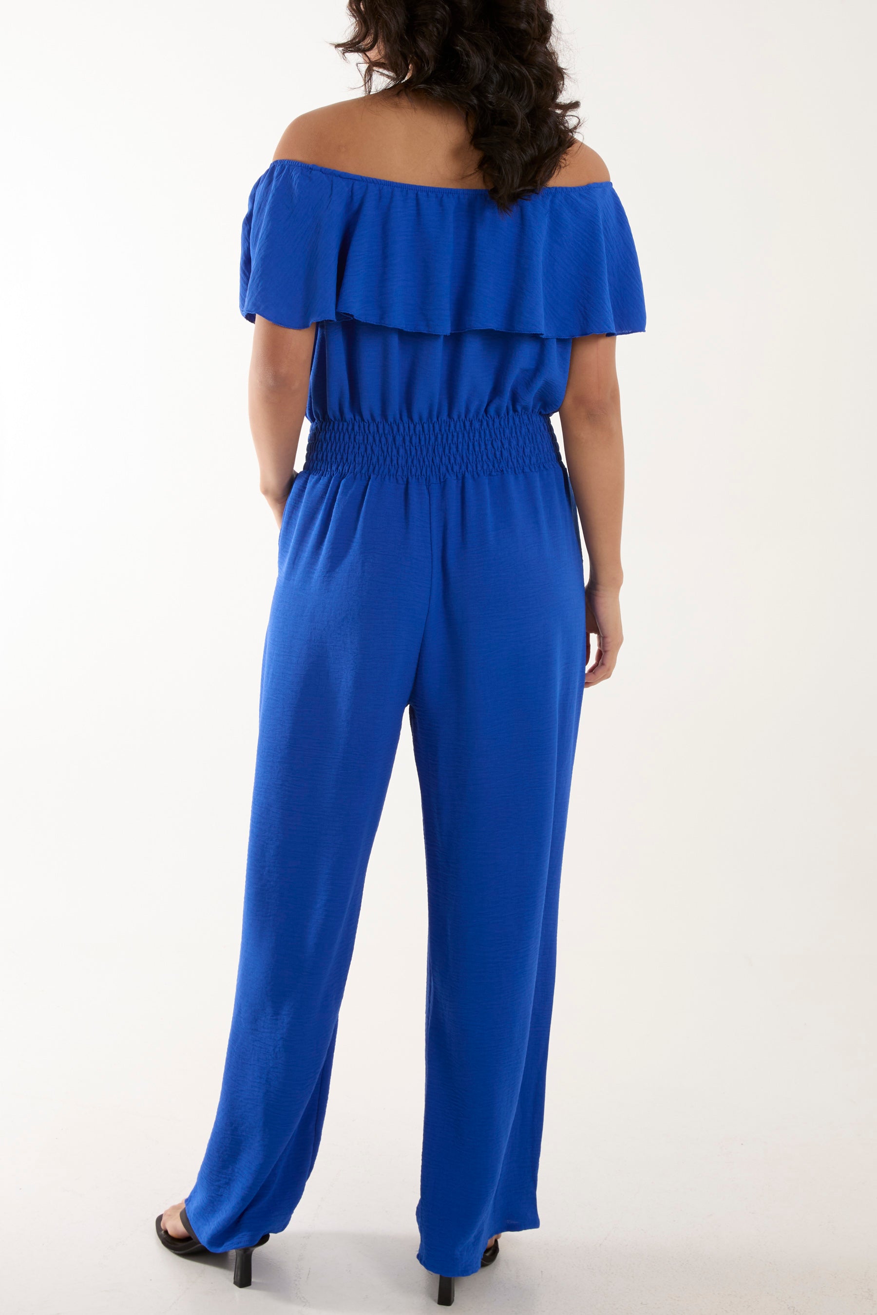 Frilled Bardot Shirred Waist Jumpsuit Jumpsuits WearAll