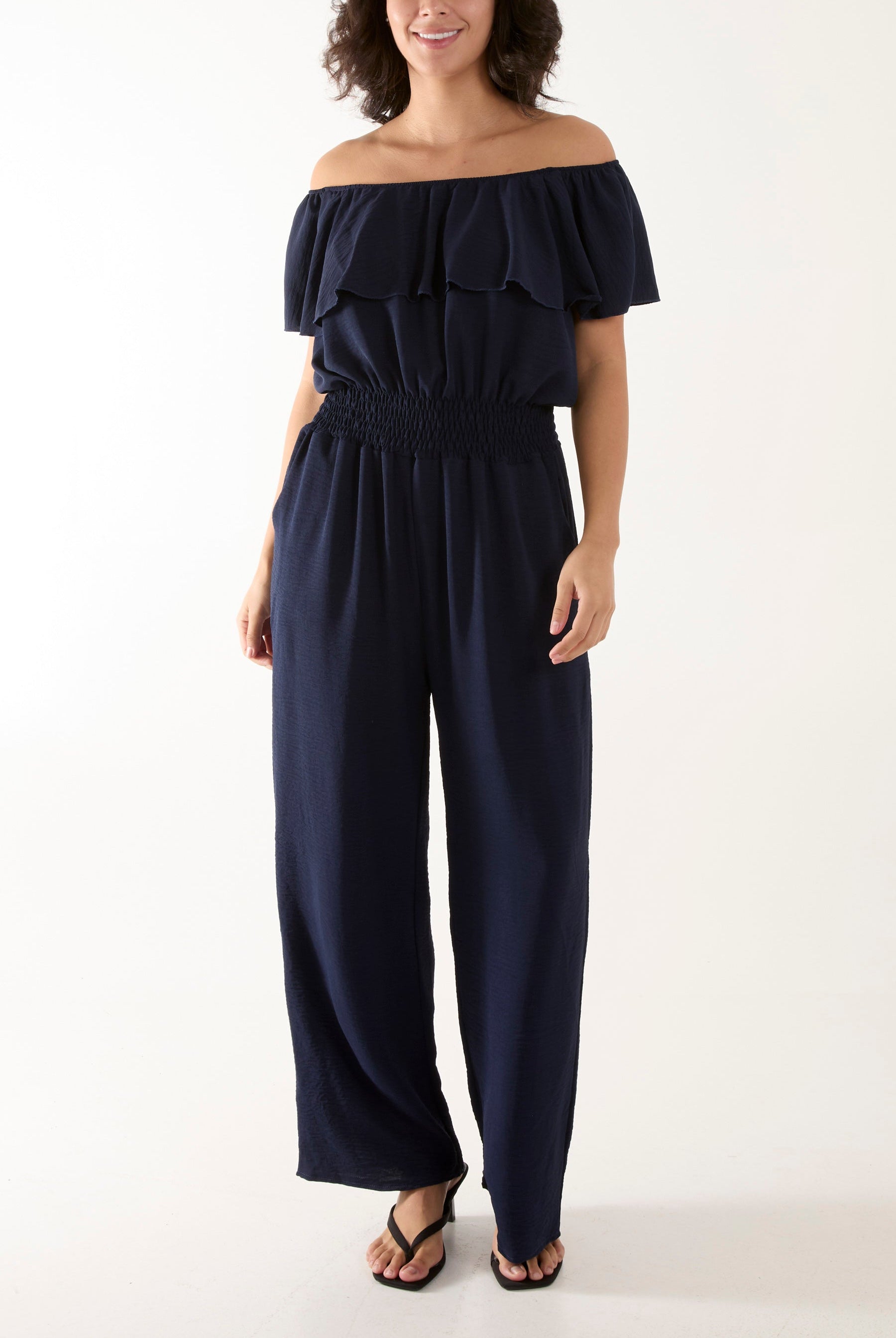 Frilled Bardot Shirred Waist Jumpsuit Jumpsuits WearAll Navy One Size