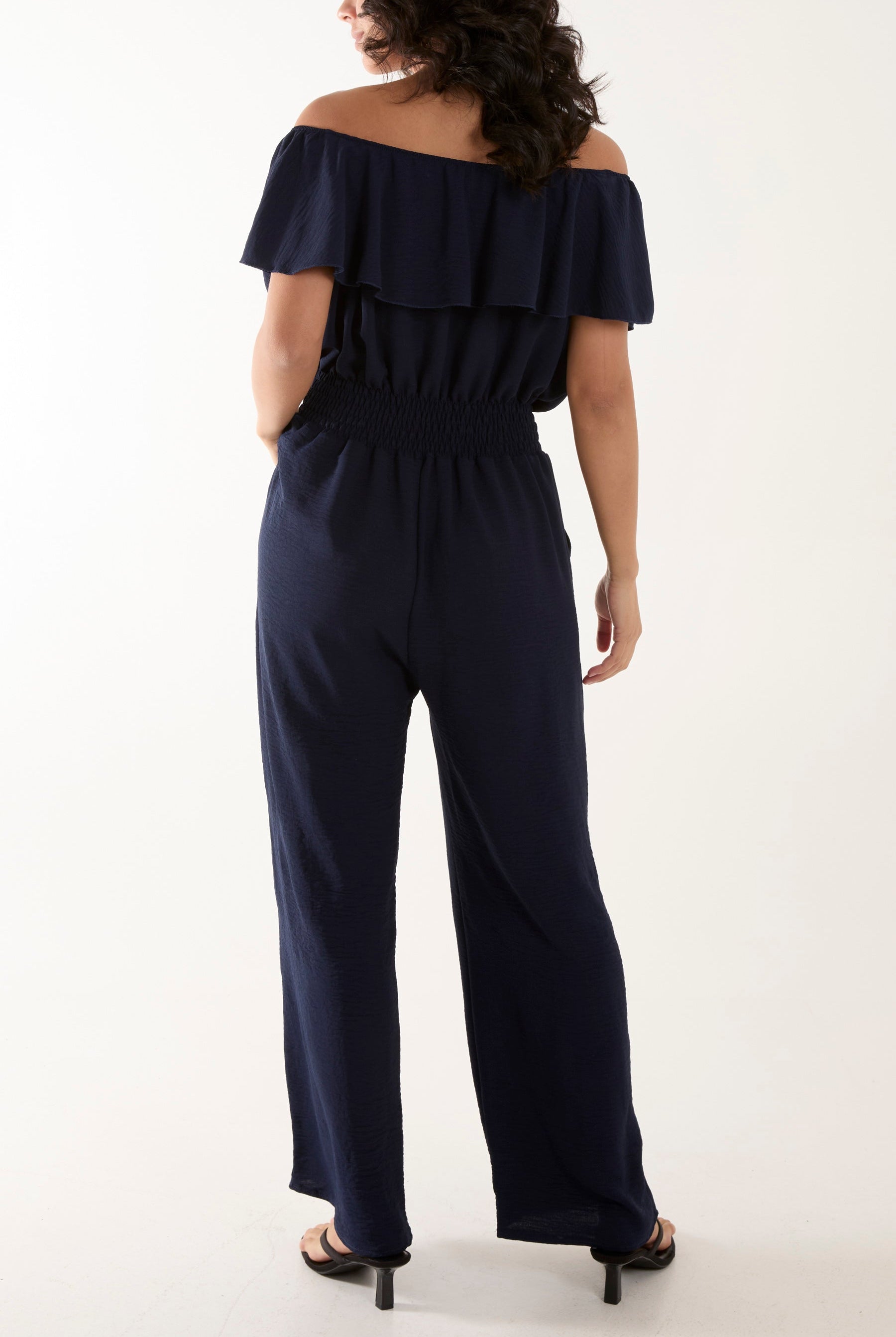 Frilled Bardot Shirred Waist Jumpsuit Jumpsuits WearAll