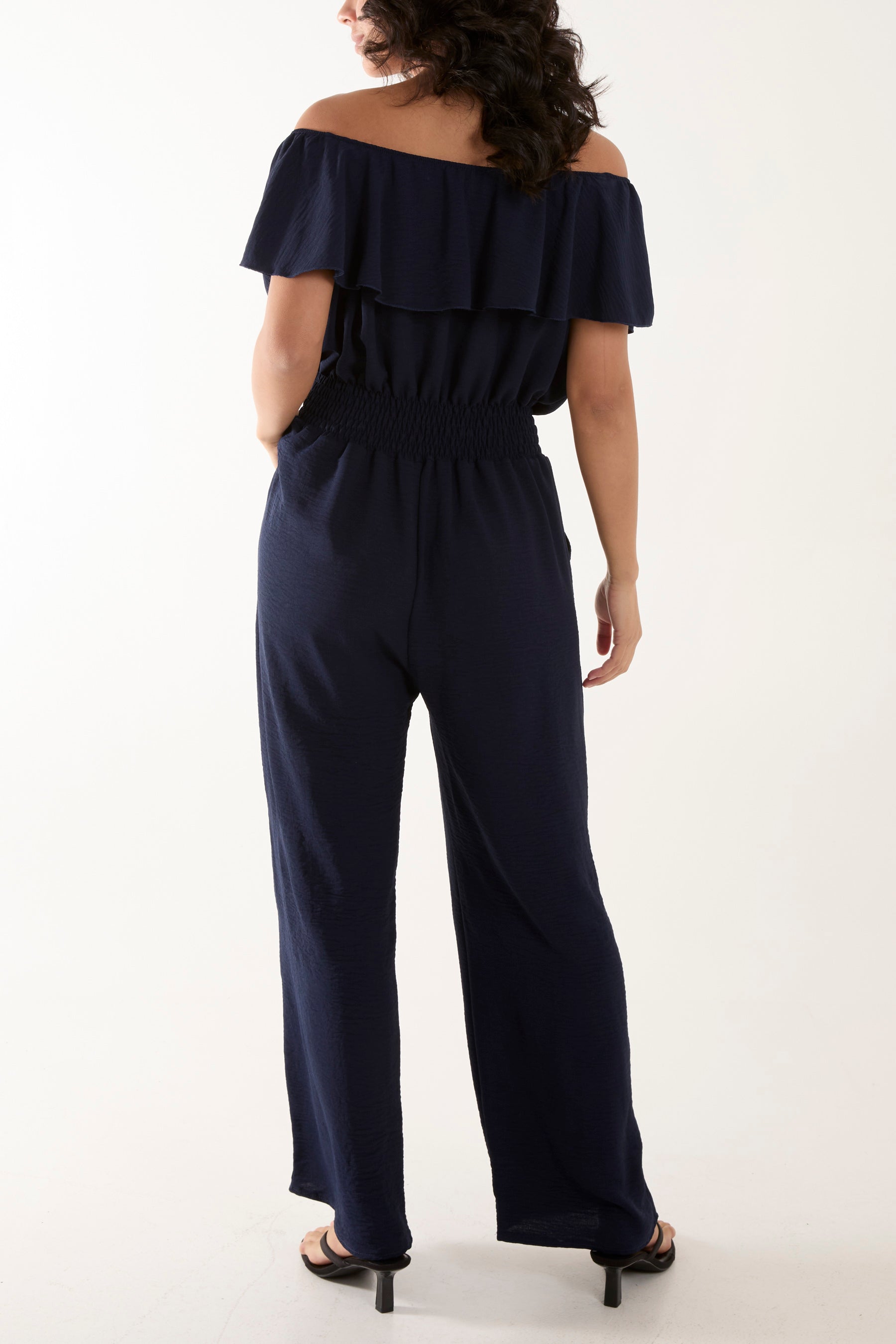 Frilled Bardot Shirred Waist Jumpsuit Jumpsuits WearAll