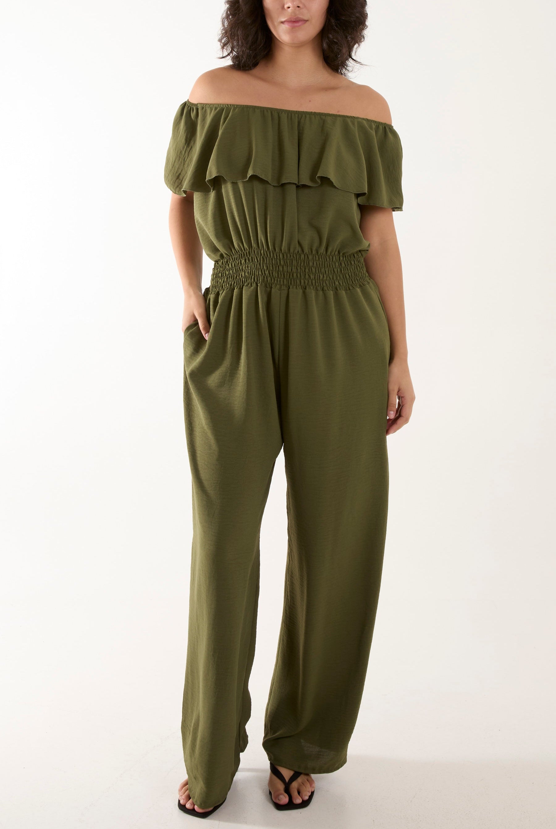 Frilled Bardot Shirred Waist Jumpsuit Jumpsuits WearAll Khaki One Size