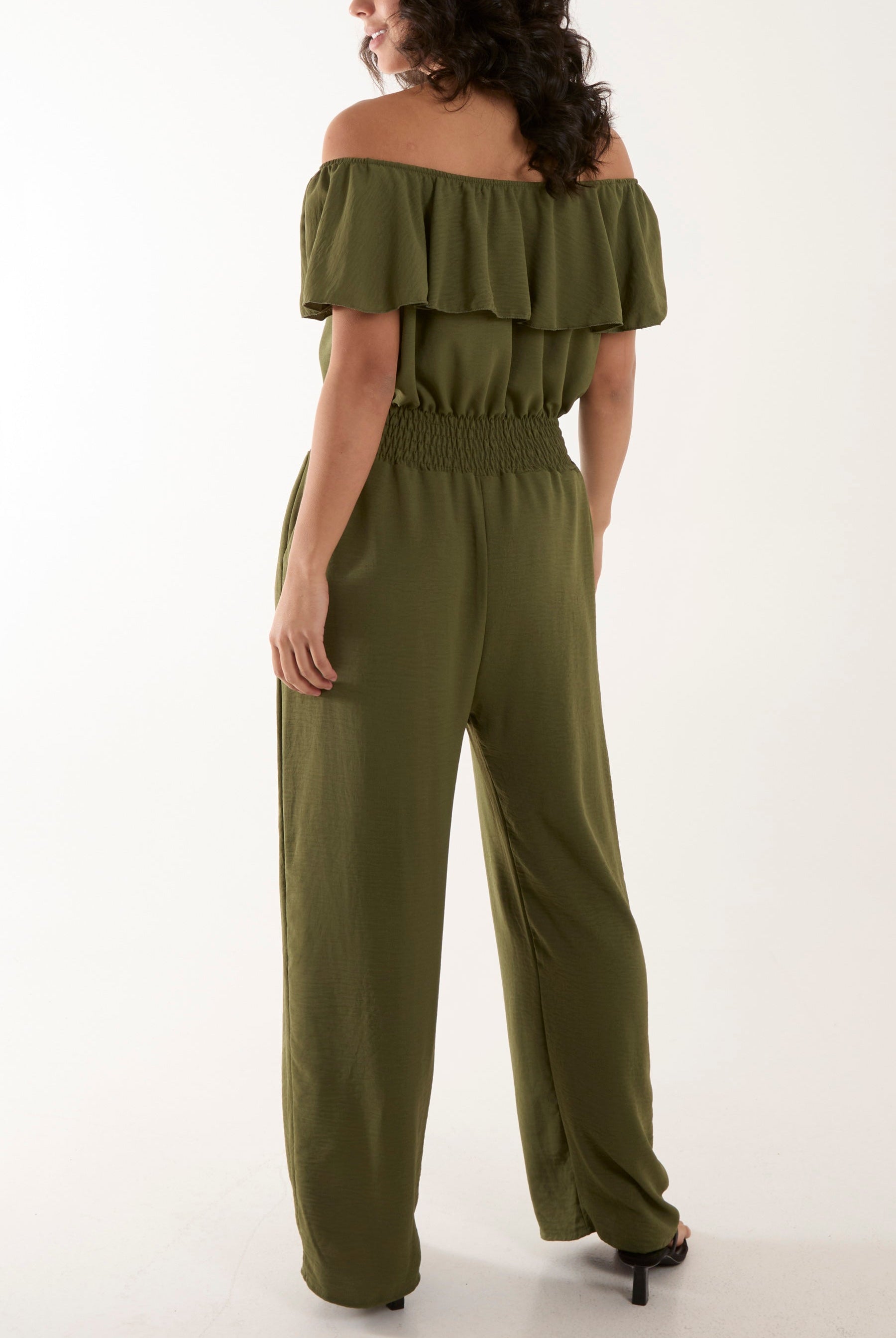 Frilled Bardot Shirred Waist Jumpsuit Jumpsuits WearAll