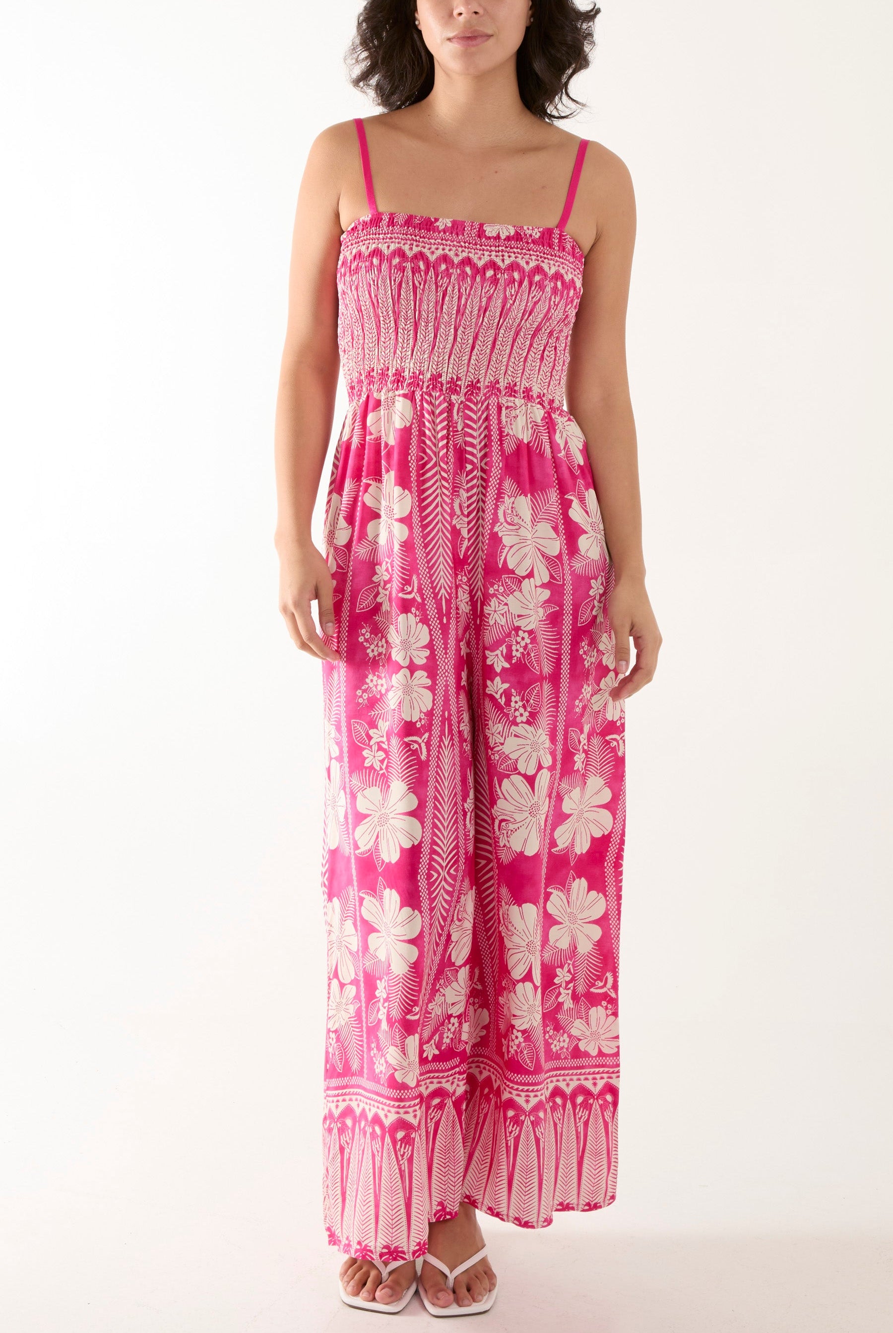 Floral Print Shirred Bust Cami Jumpsuit Jumpsuits WearAll Hot Pink One Size