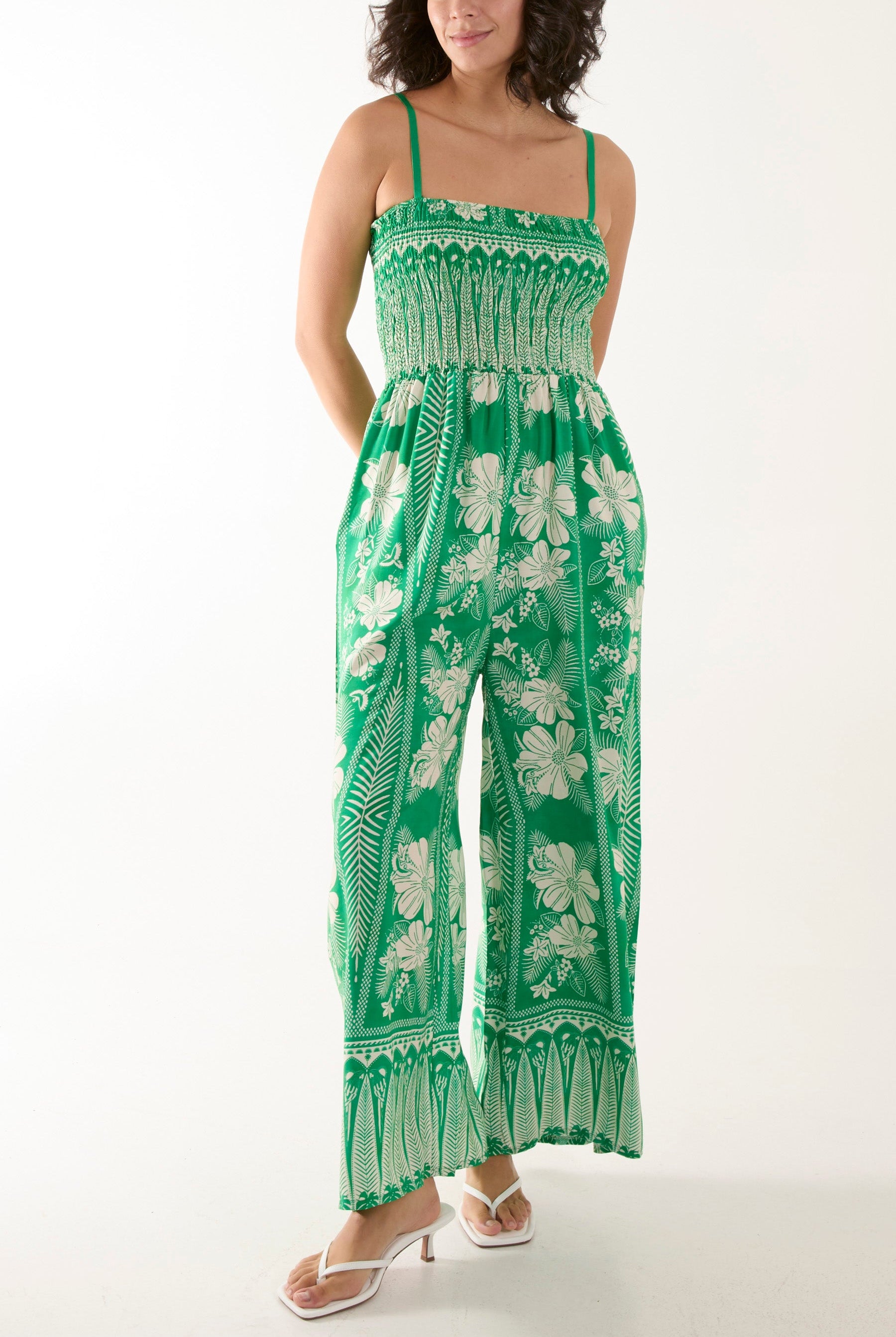 Floral Print Shirred Bust Cami Jumpsuit Jumpsuits WearAll Jade One Size