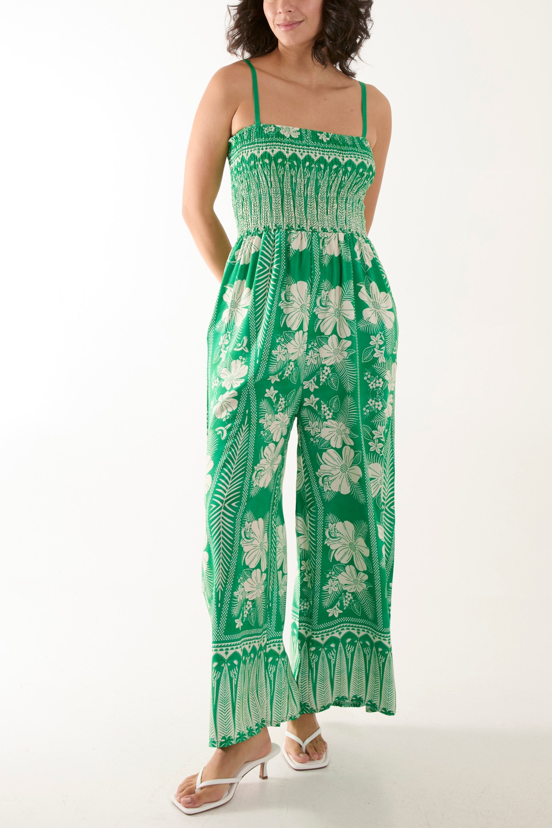 Floral Print Shirred Bust Cami Jumpsuit Jumpsuits WearAll Jade One Size