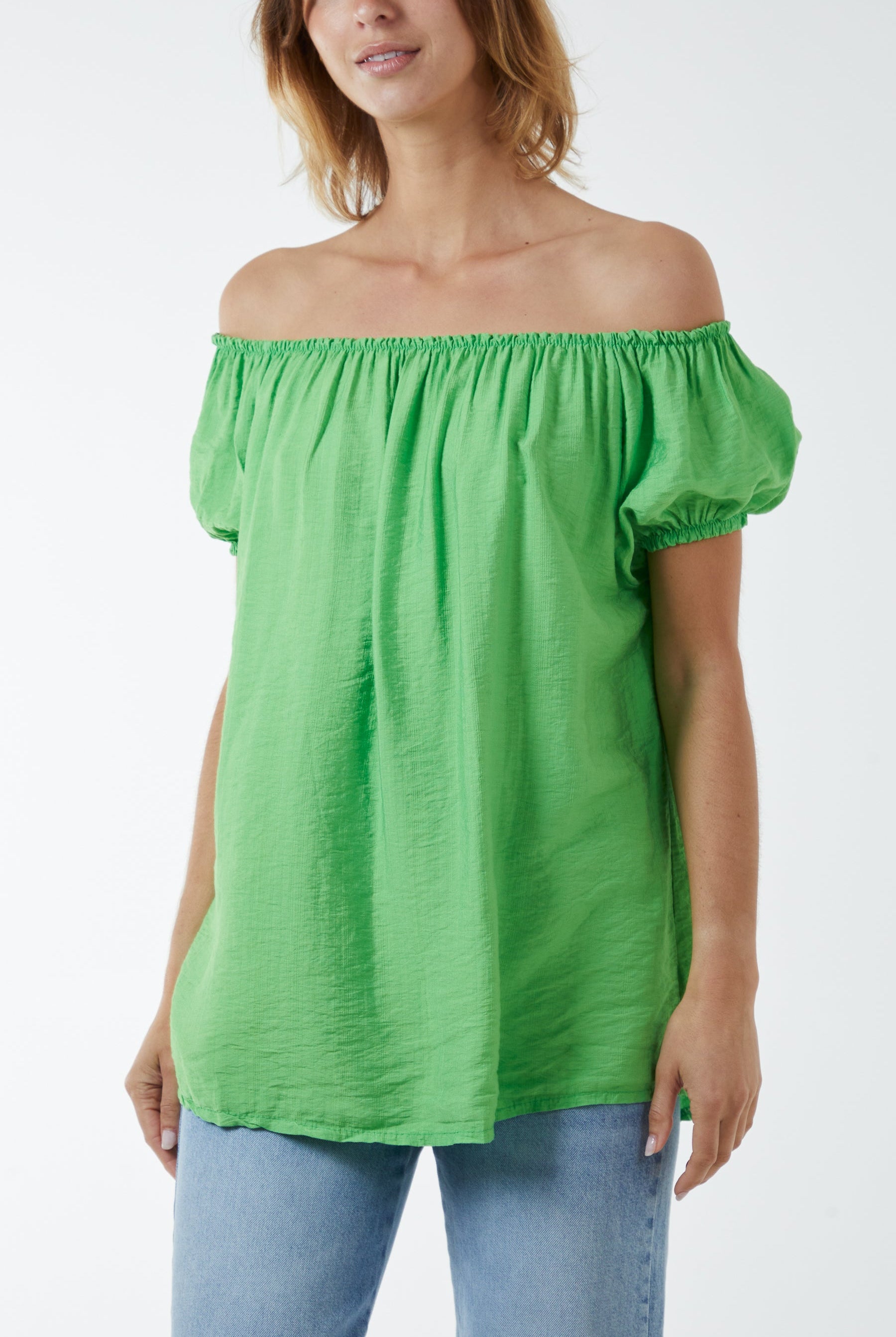 Short Sleeve Bardot Top Tops WearAll Apple Green One Size