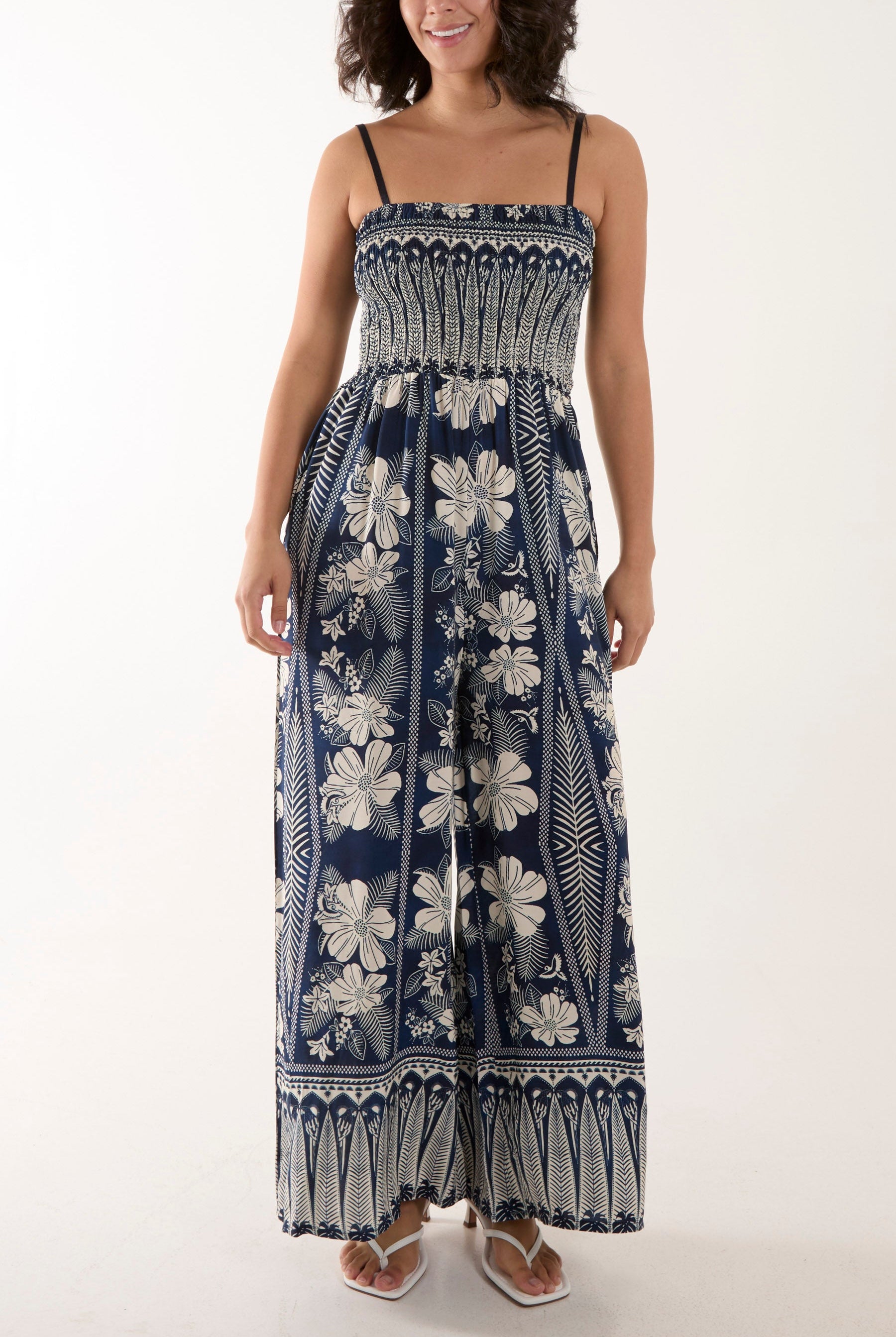 Floral Print Shirred Bust Cami Jumpsuit Jumpsuits WearAll Navy One Size