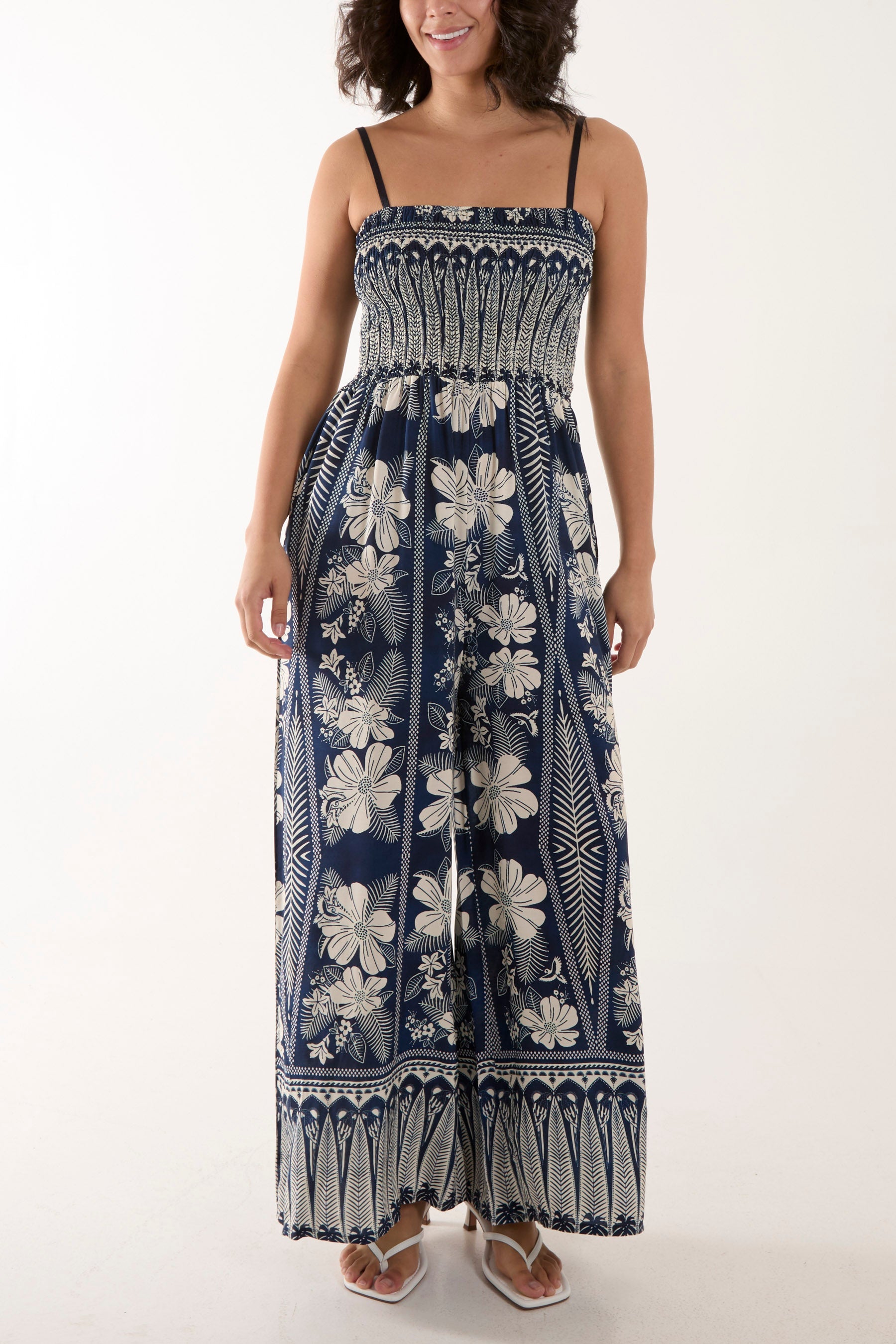 Floral Print Shirred Bust Cami Jumpsuit Jumpsuits WearAll Navy One Size