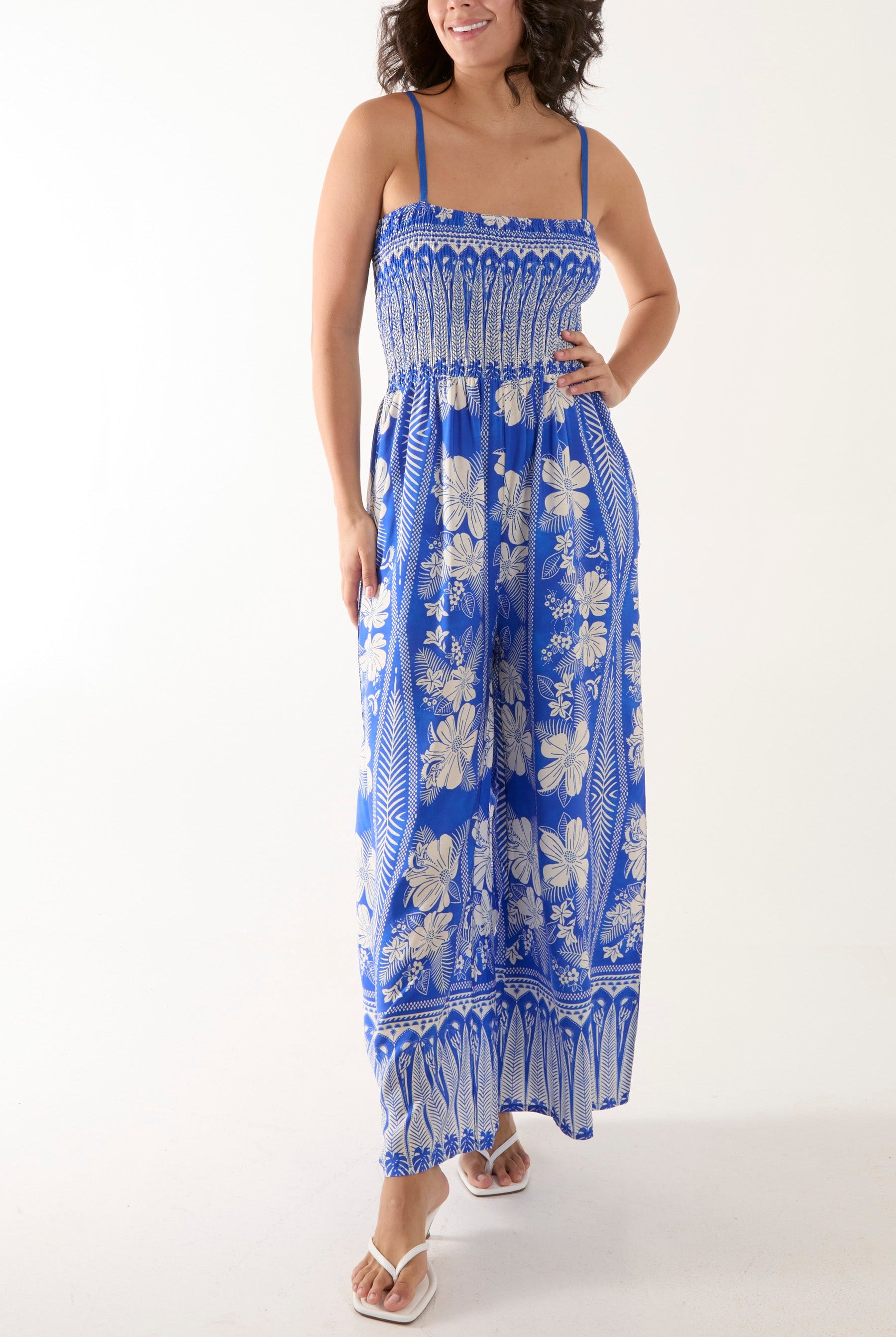 Floral Print Shirred Bust Cami Jumpsuit Jumpsuits WearAll Royal Blue One Size