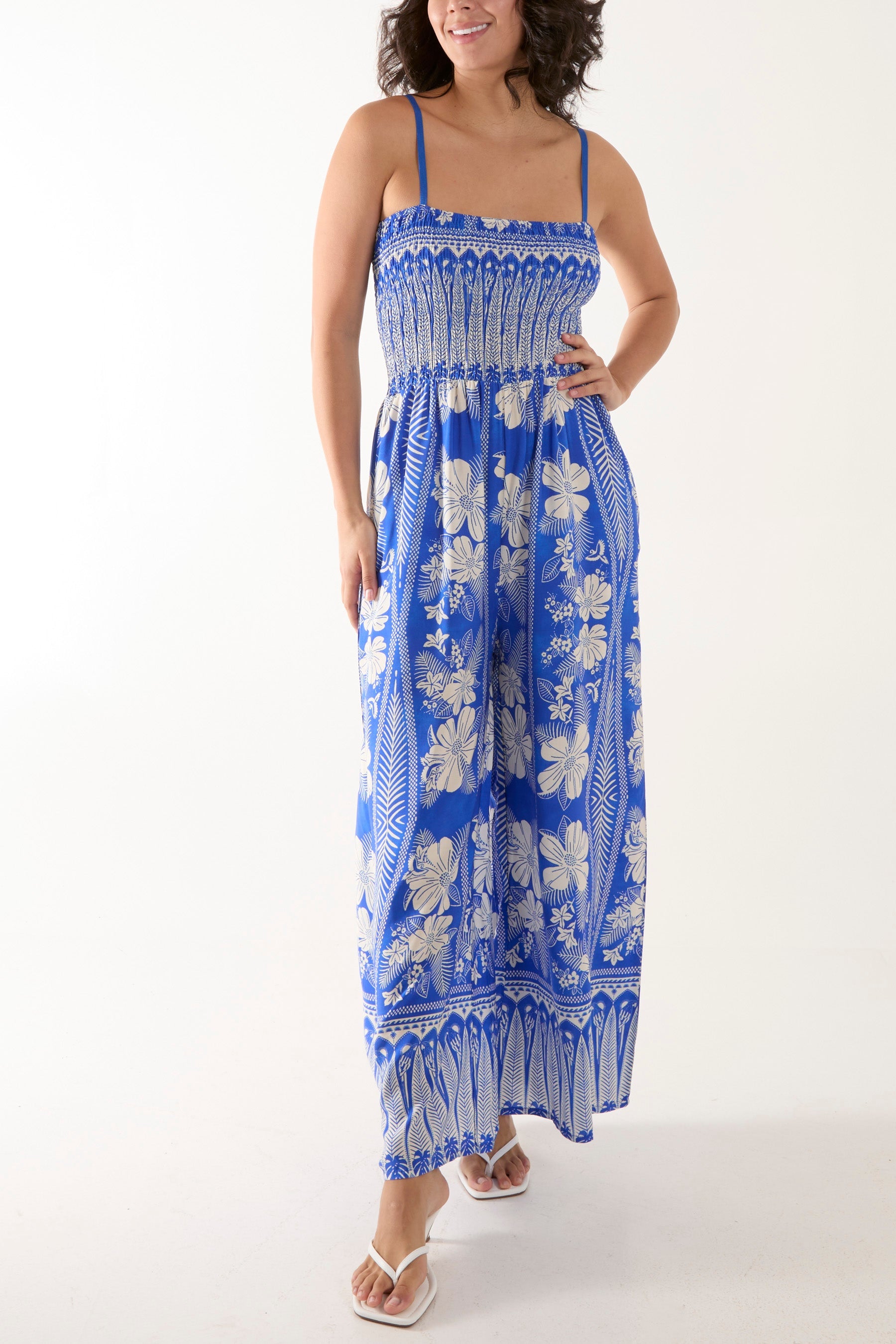 Floral Print Shirred Bust Cami Jumpsuit Jumpsuits WearAll Royal Blue One Size