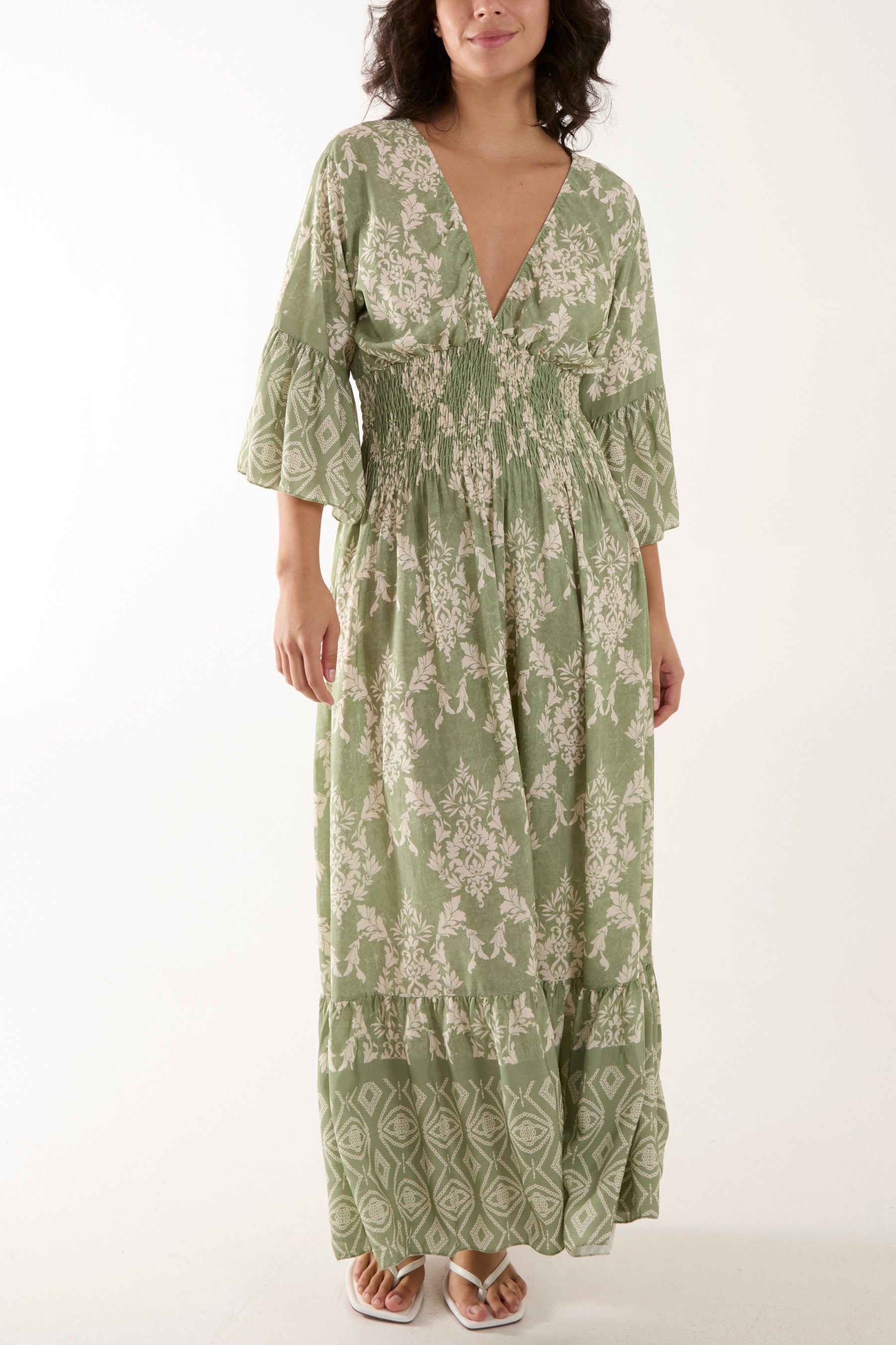 Shirred Waist Border Print Dress Dresses WearAll Khaki One Size