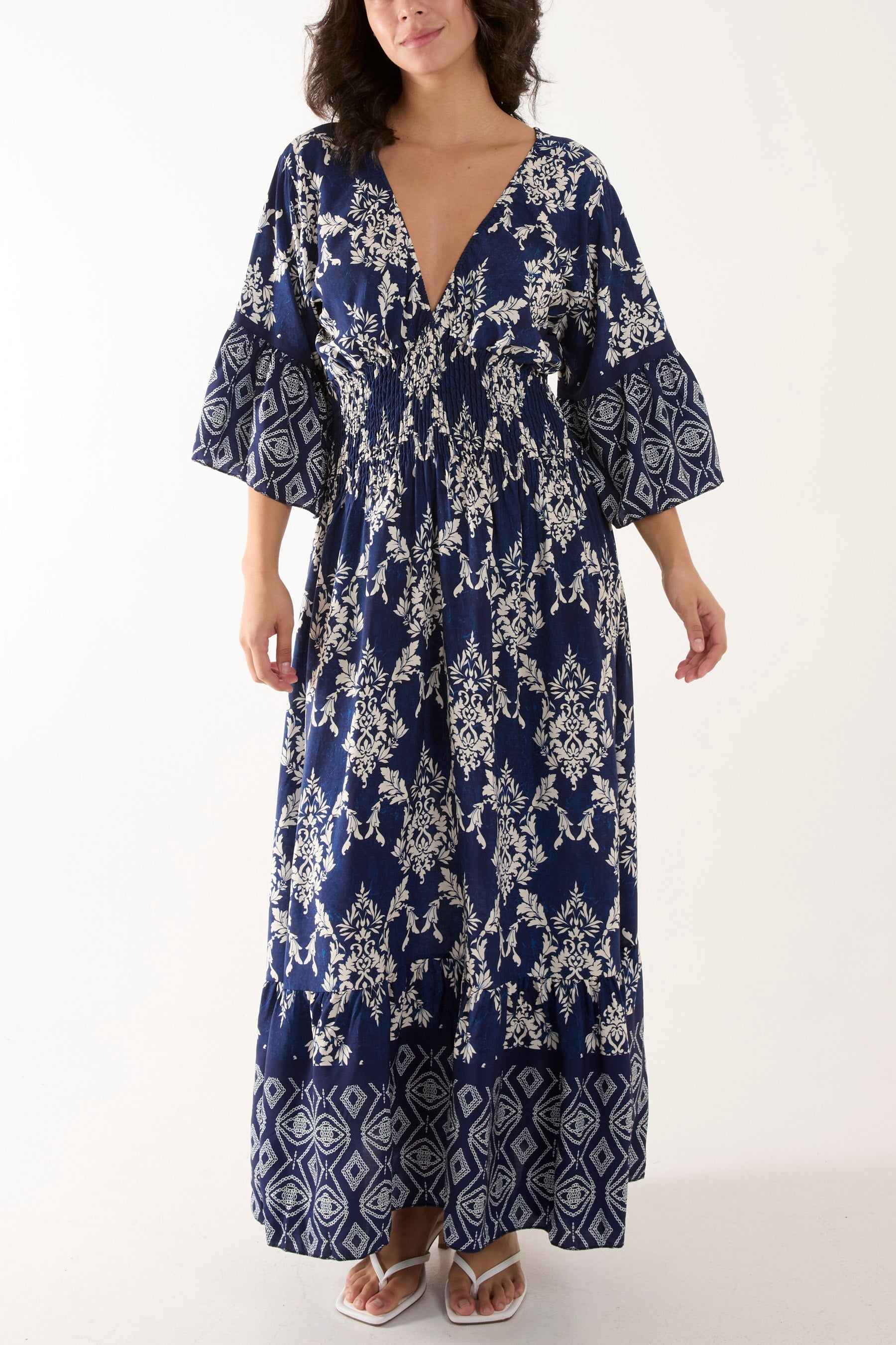 Shirred Waist Border Print Dress Dresses WearAll Navy One Size