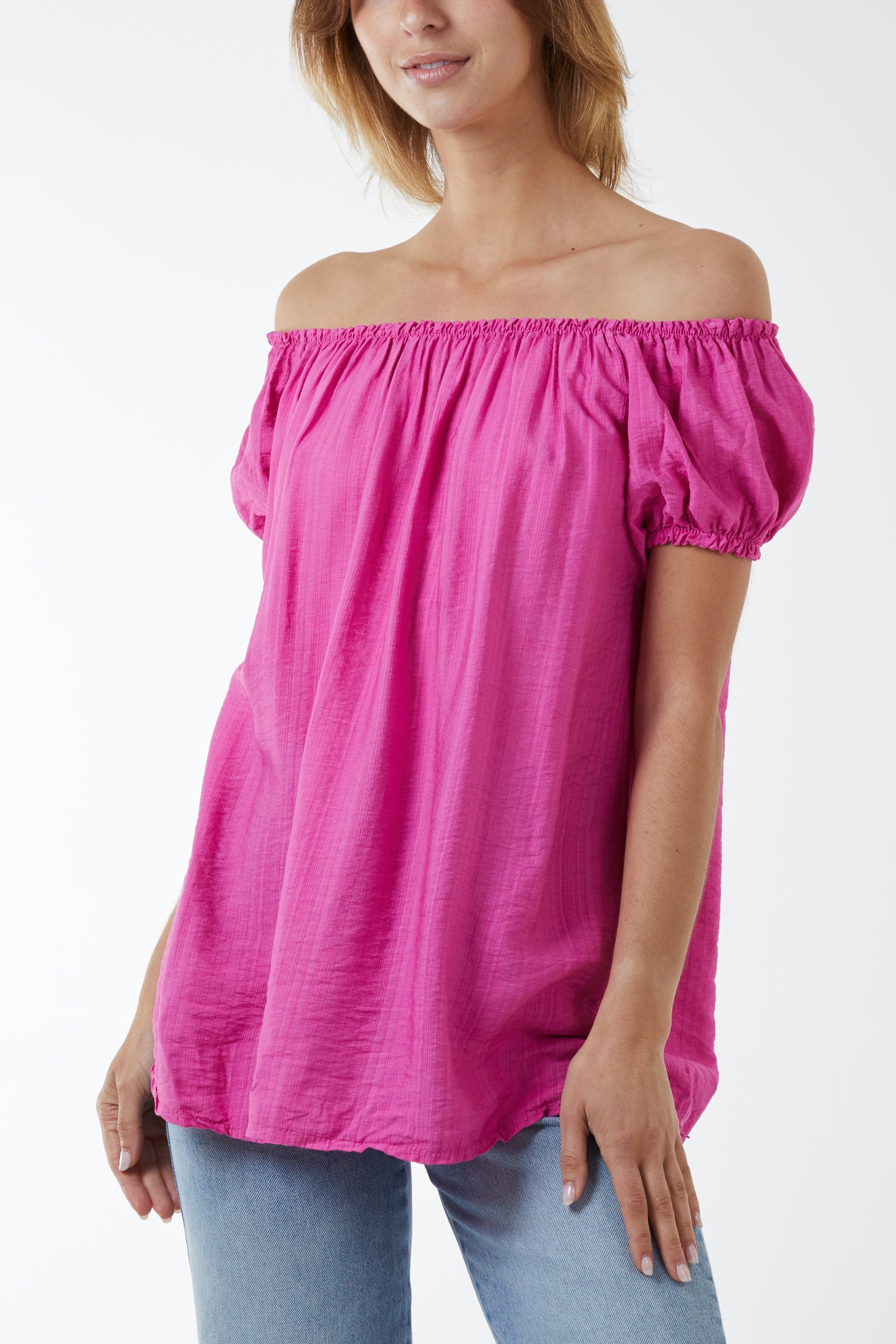 Short Sleeve Bardot Top Tops WearAll Fuchsia One Size