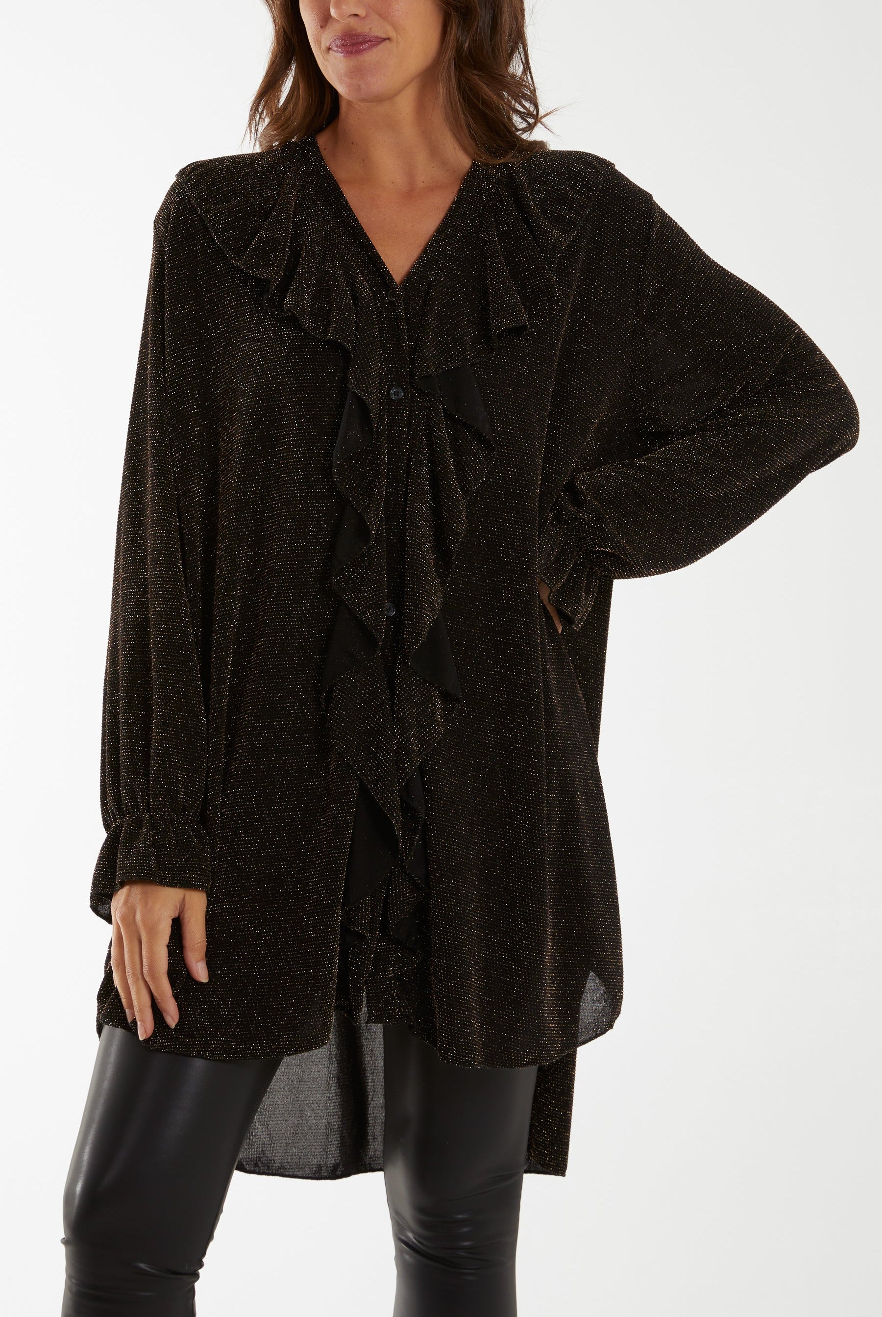 Glitter Lurex Ruffle Flounce Button Blouse TOPMF2 WearAll Gold One Size