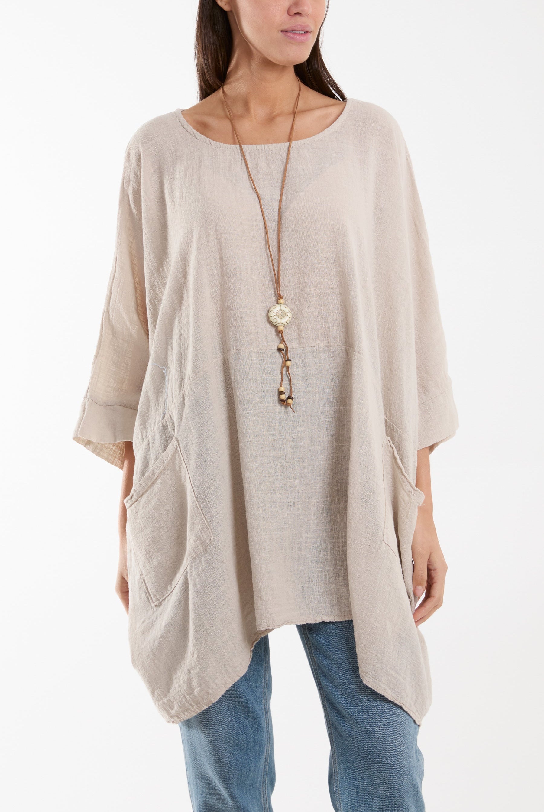 Cotton Mix Necklace Pockets Top Tops WearAll Stone One Size