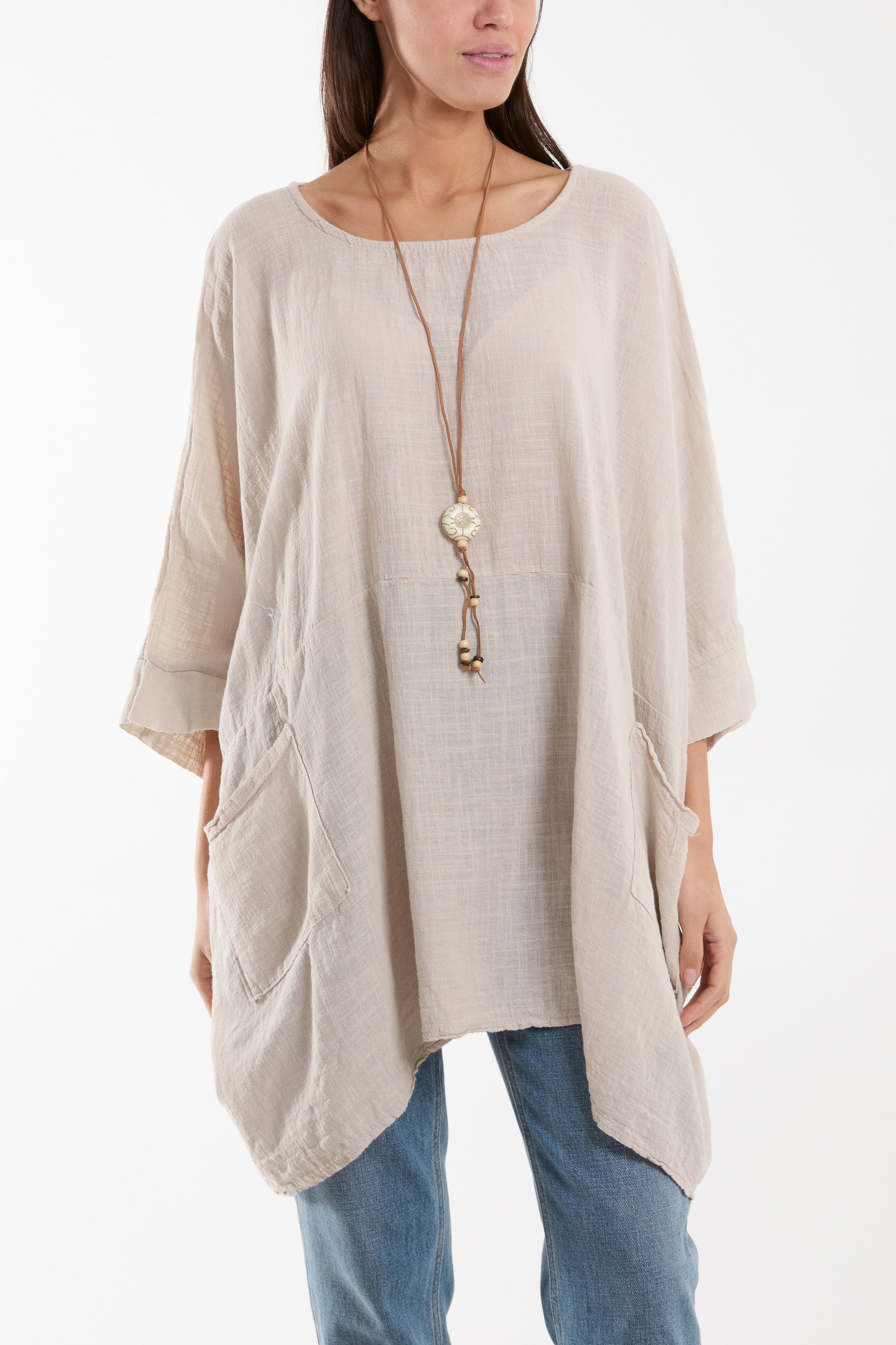 Cotton Mix Necklace Pockets Top Tops WearAll Stone One Size