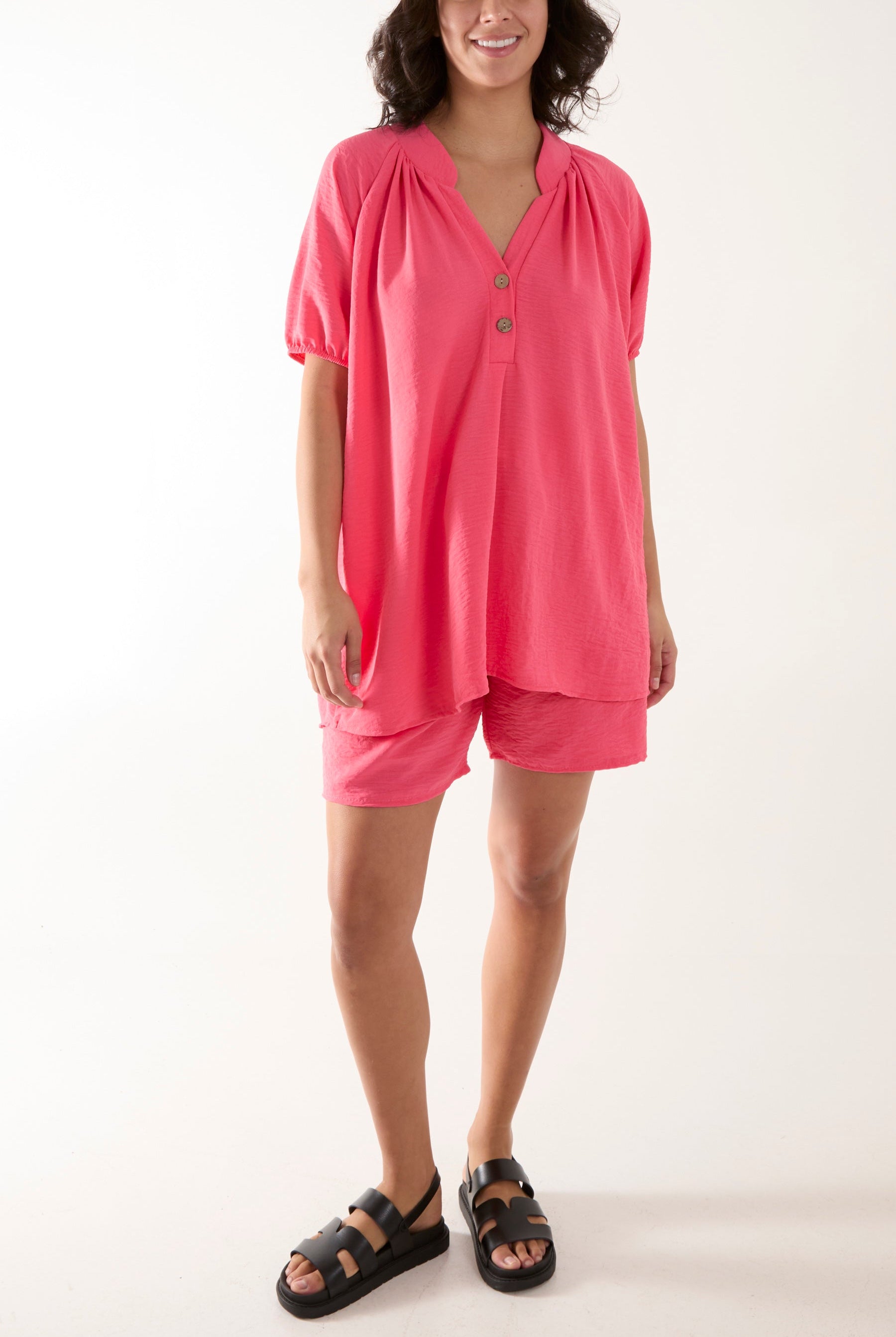 Short Sleeve Buttoned Collar Top & Short Sets WearAll Coral One Size