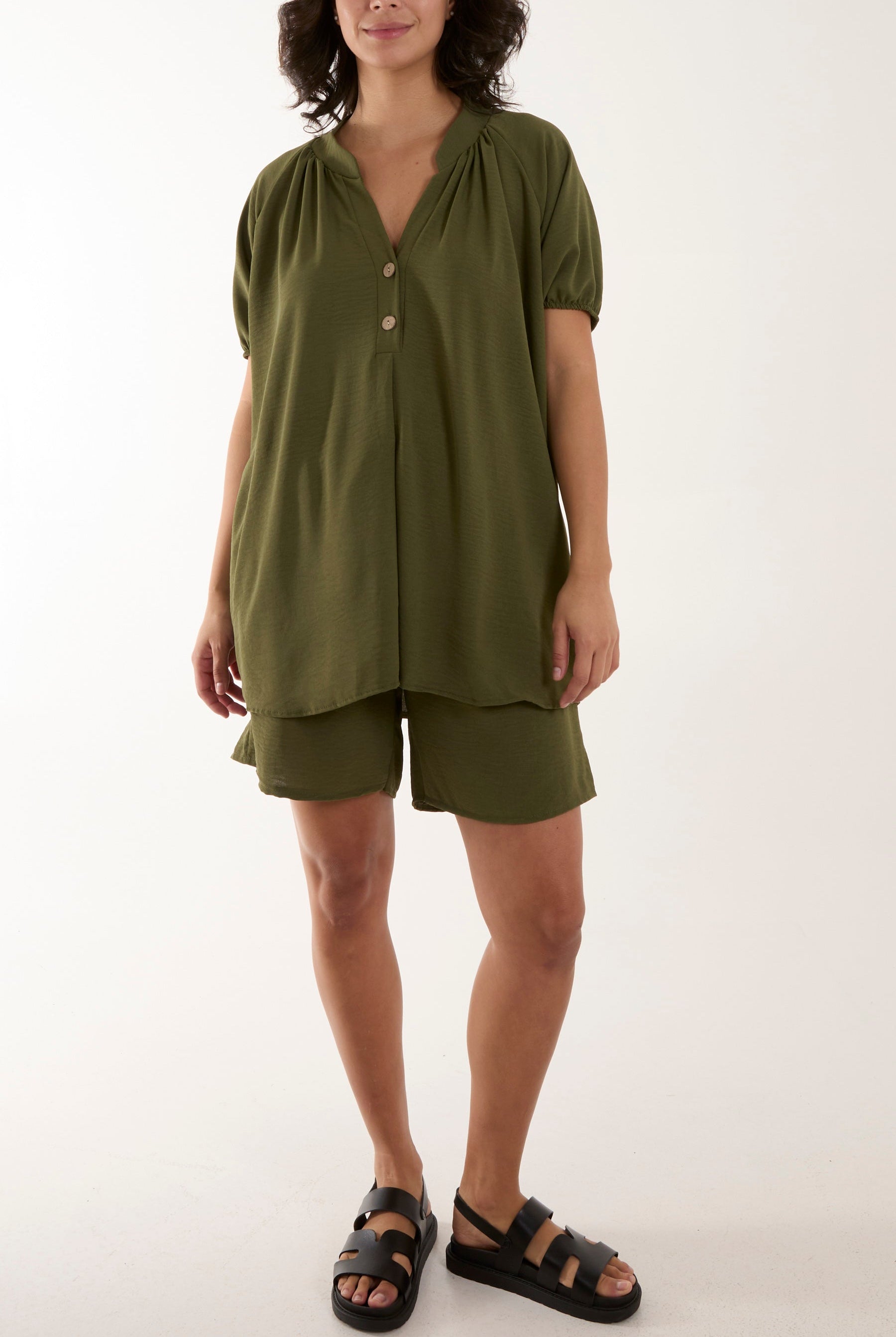 Short Sleeve Buttoned Collar Top & Short Sets WearAll Khaki One Size