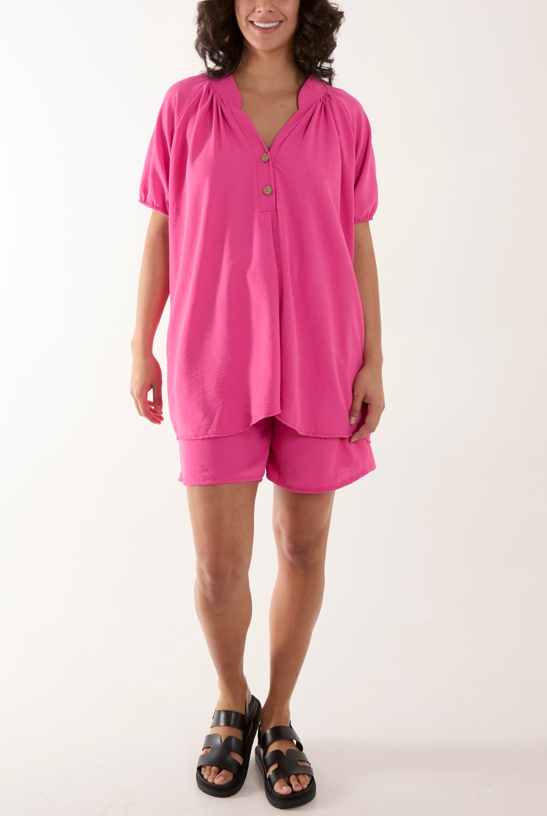 Short Sleeve Buttoned Collar Top & Short Sets WearAll Hot Pink One Size