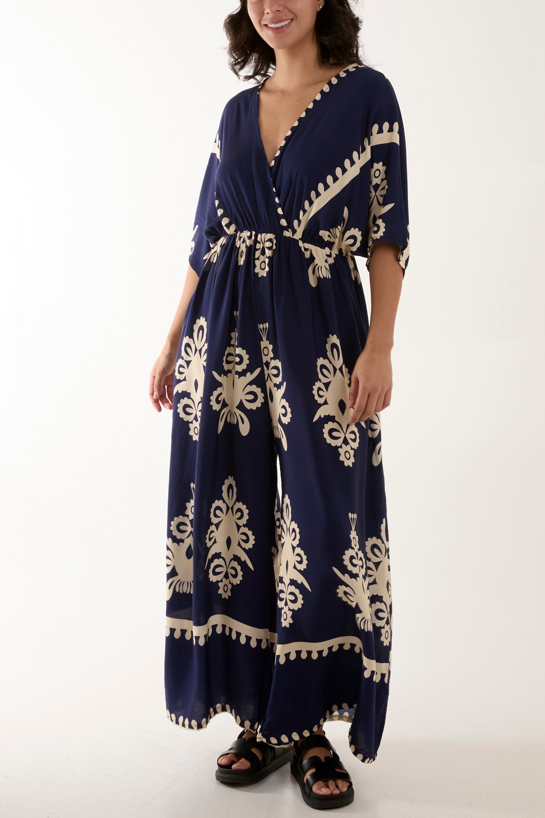 Printed V-Neck Wide Leg Jumpsuit Jumpsuits WearAll Navy One Size