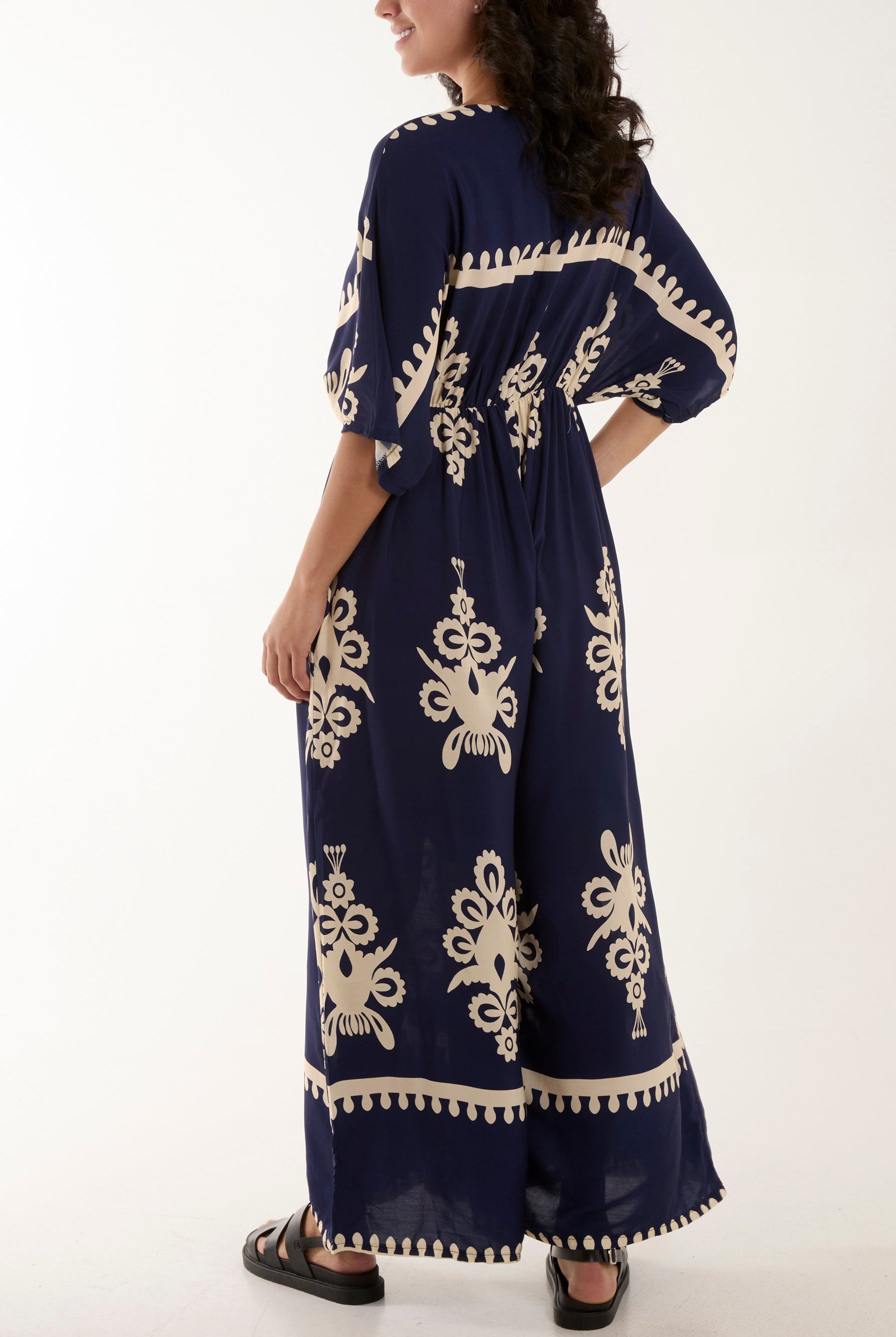 Printed V-Neck Wide Leg Jumpsuit Jumpsuits WearAll