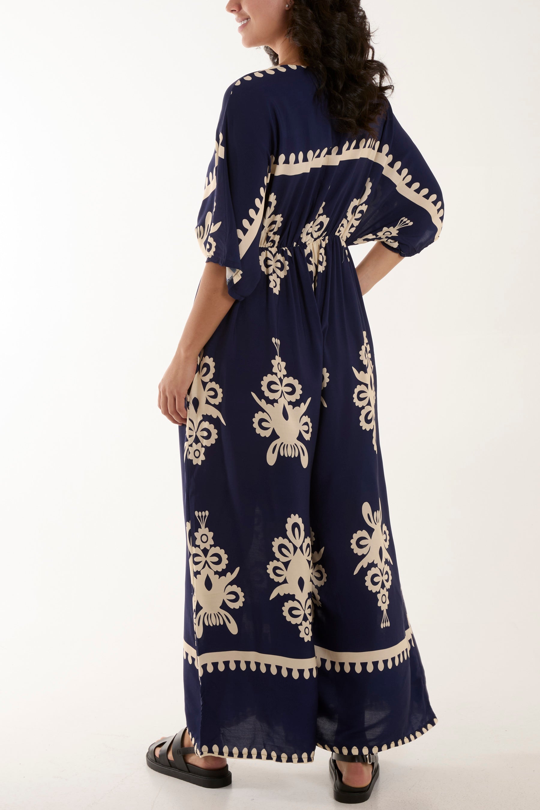 Printed V-Neck Wide Leg Jumpsuit Jumpsuits WearAll