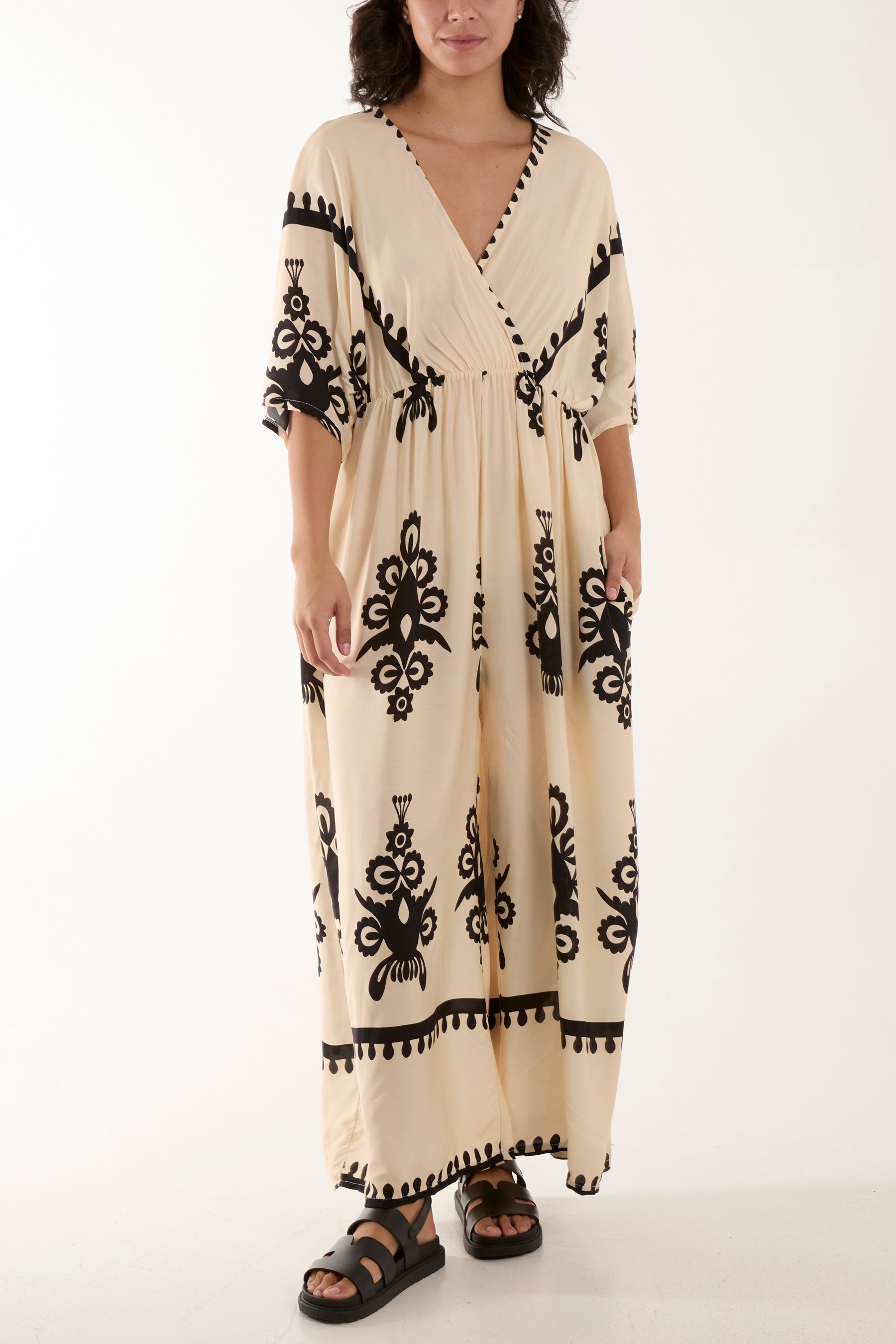 Printed V-Neck Wide Leg Jumpsuit Jumpsuits WearAll Stone One Size