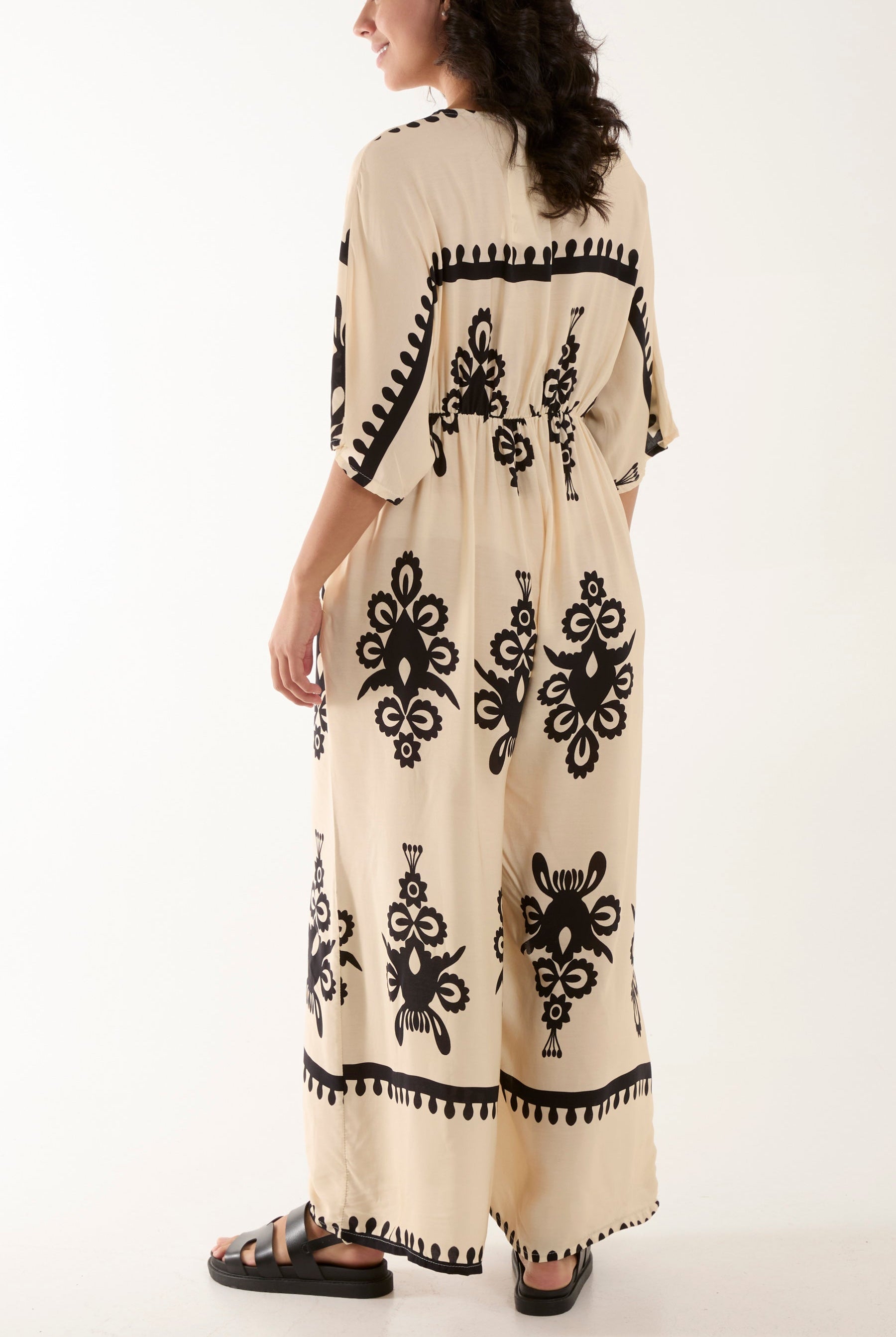 Printed V-Neck Wide Leg Jumpsuit Jumpsuits WearAll