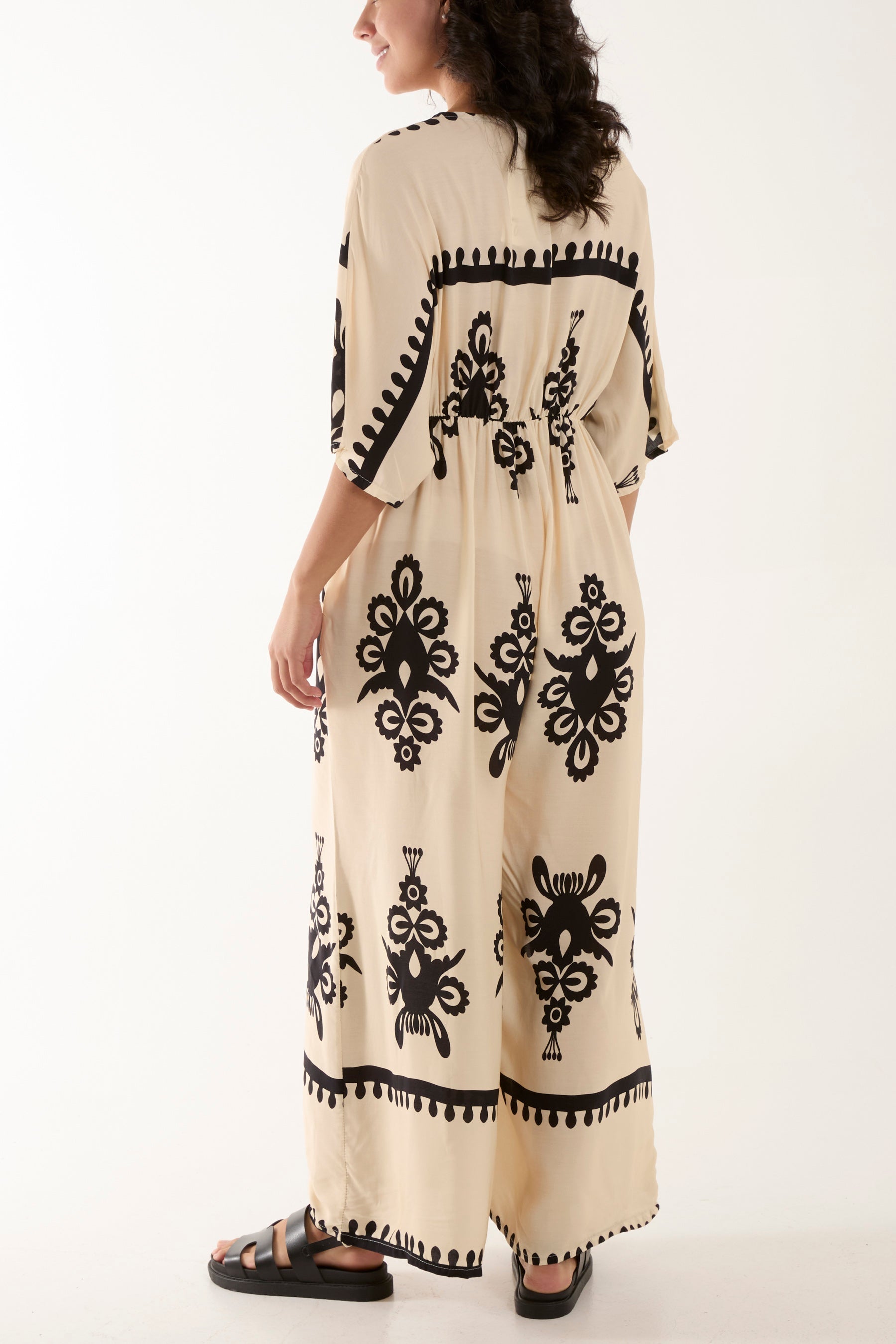 Printed V-Neck Wide Leg Jumpsuit Jumpsuits WearAll